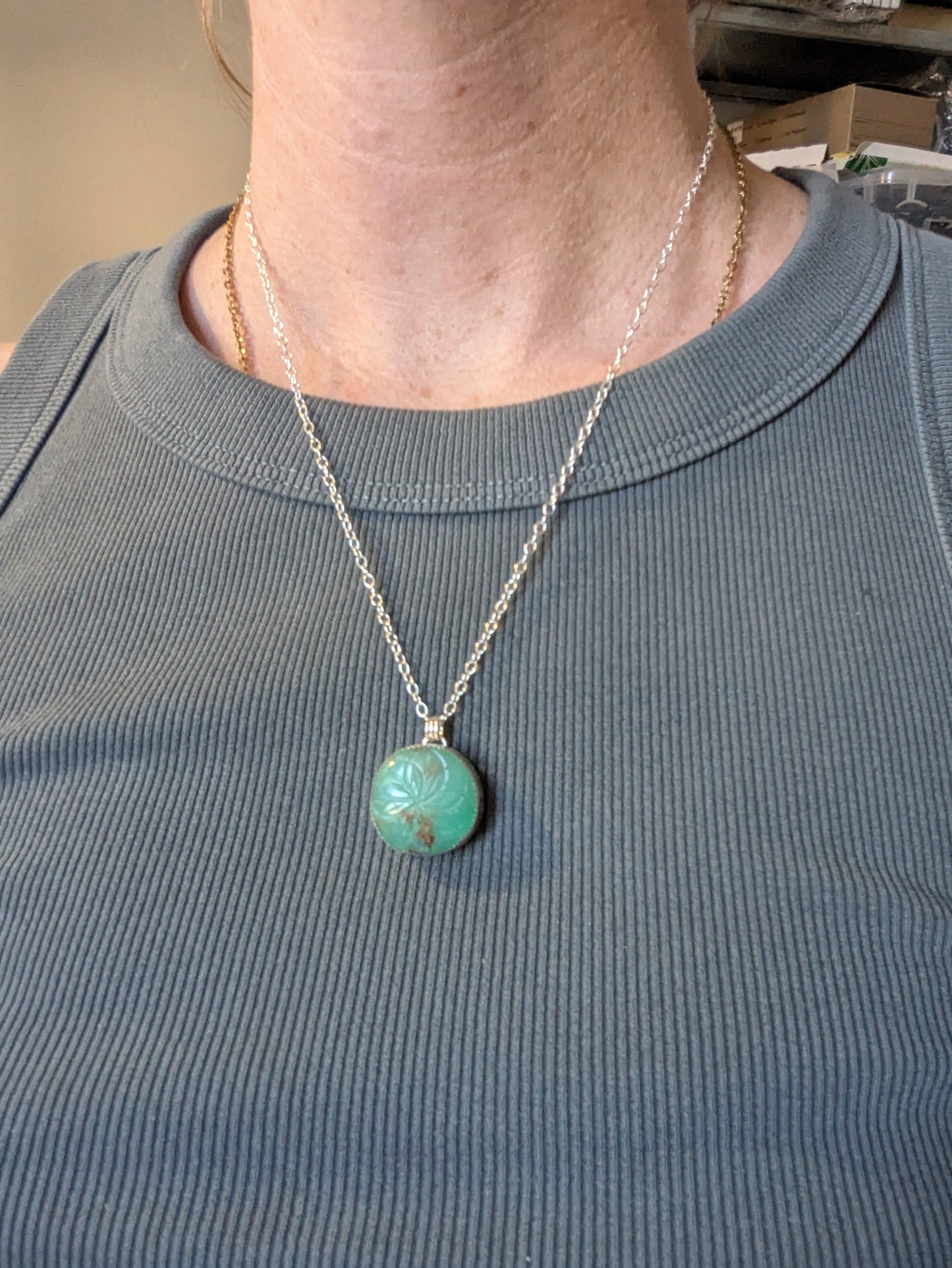 Carved Floral Mandala Chrysoprase Sterling Silver Necklace