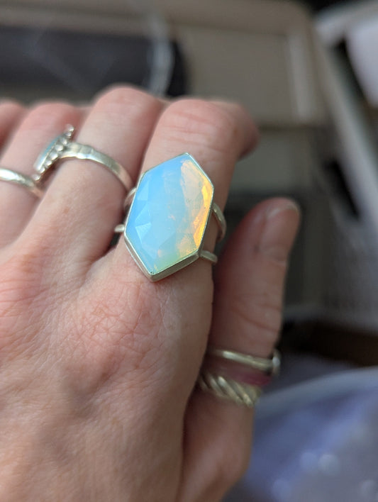 Opalite Diamond Silver Ring - Size 9