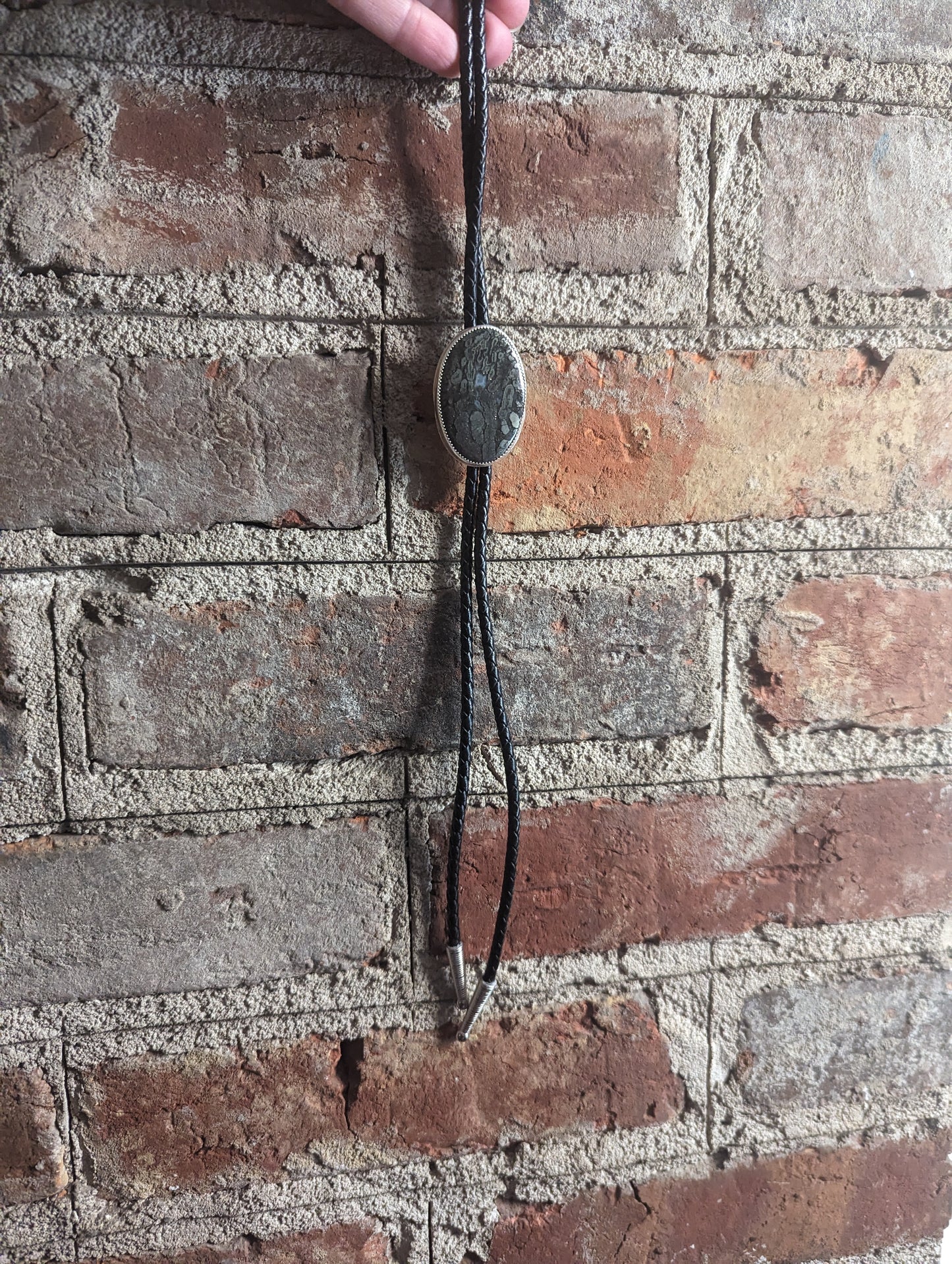 Marcasite Oval Black Leather Bolo Tie