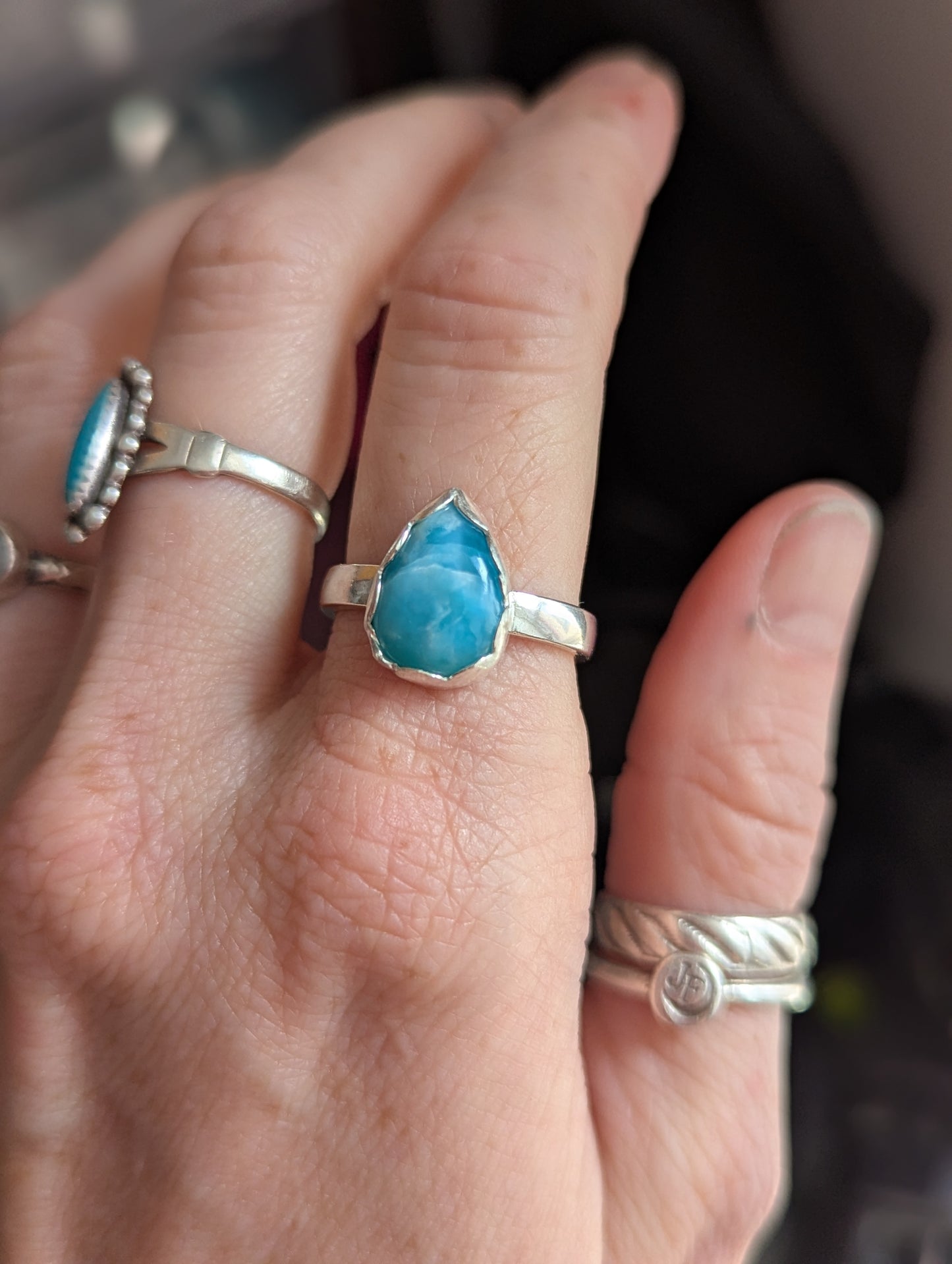 Larimar Tear Drop Sterling Silver Ring - Size 8.5