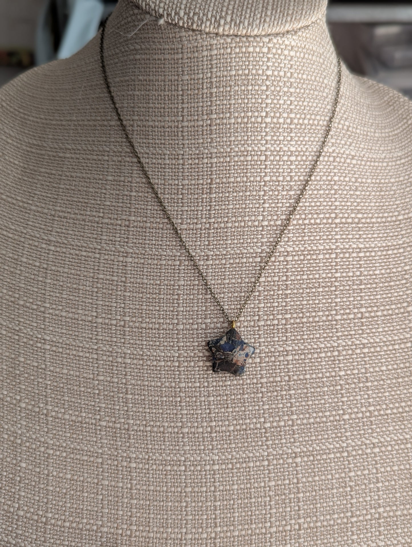 Blue Sea Sediment Jasper Star Brass Necklace