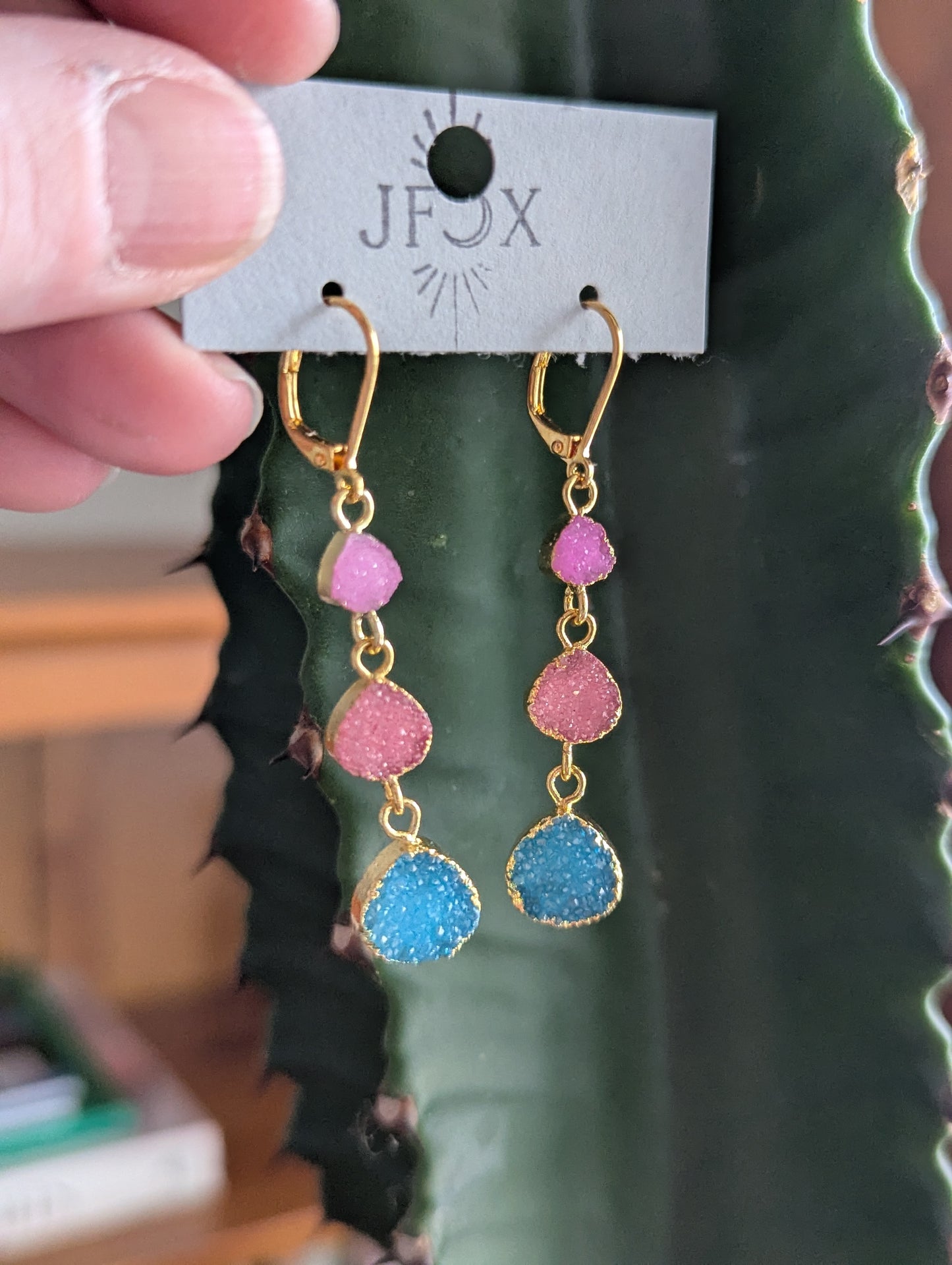 Pink, Blue, Red Druzy Trio Gold Hoop Earrings