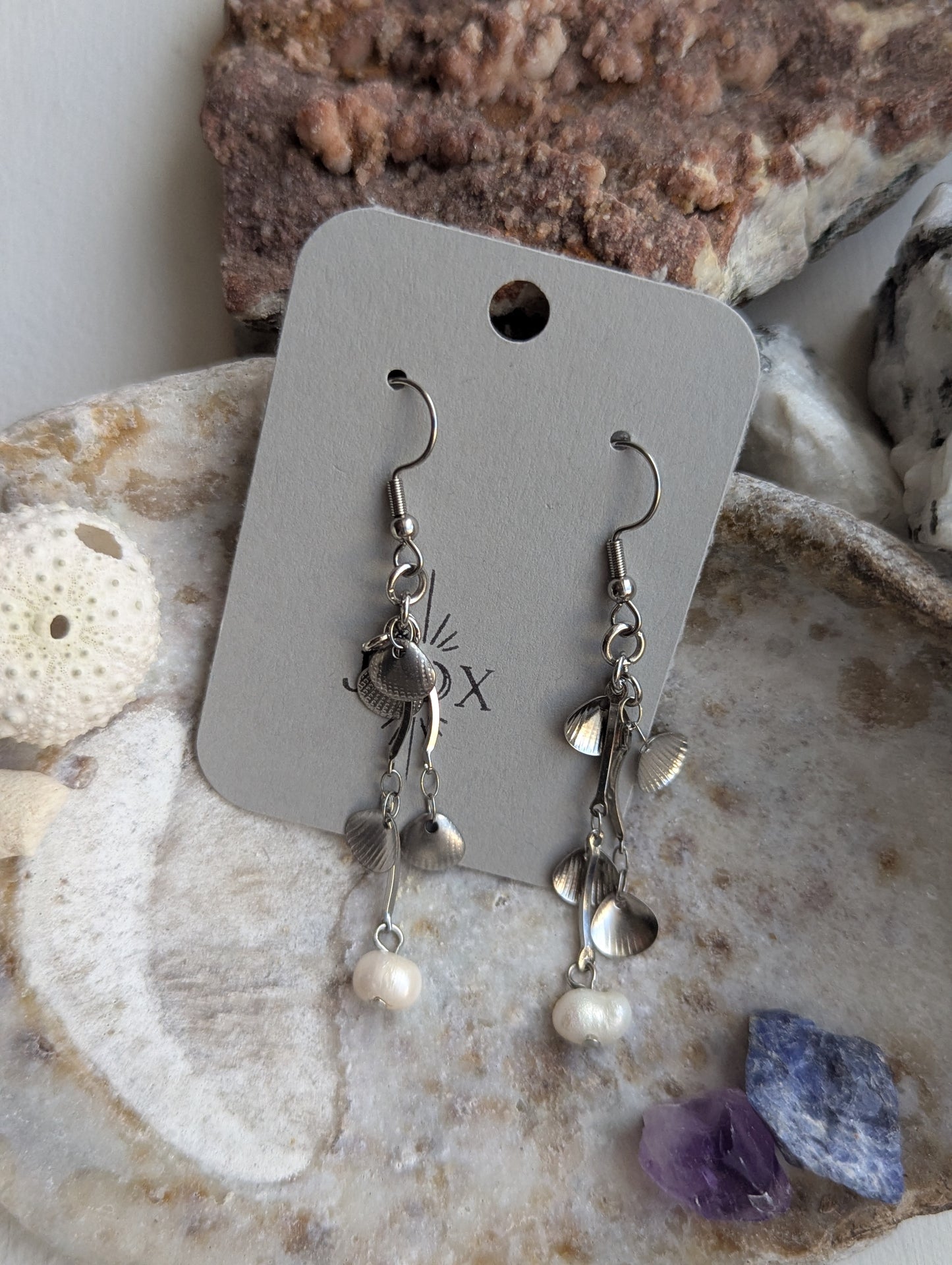 Dangly Silver Shell and Freshwater Pearl Earrings