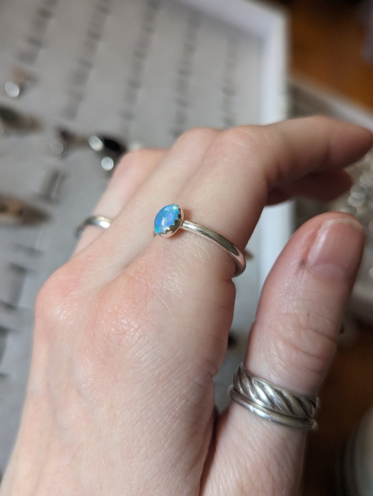 Blue Welo Opal Sterling Silver Ring - Size 6 and 8.5