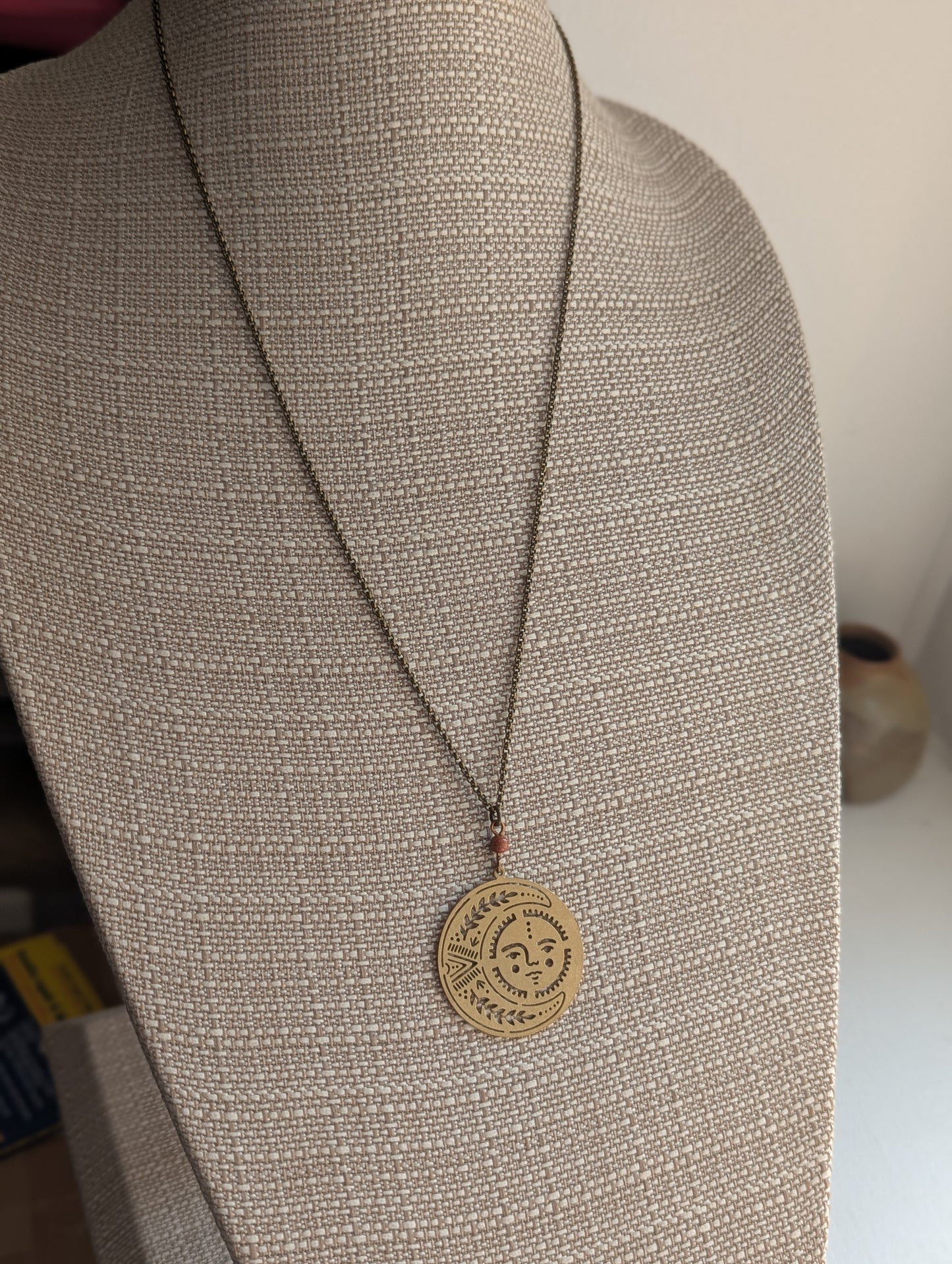 Brass Sun and Moon Red Goldstone Long Necklace