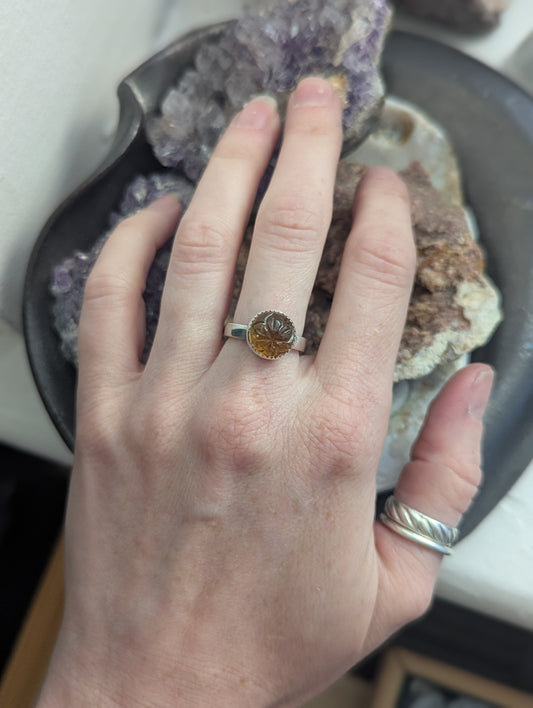 Citrine Carved Floral Silver Ring - Size 5.5