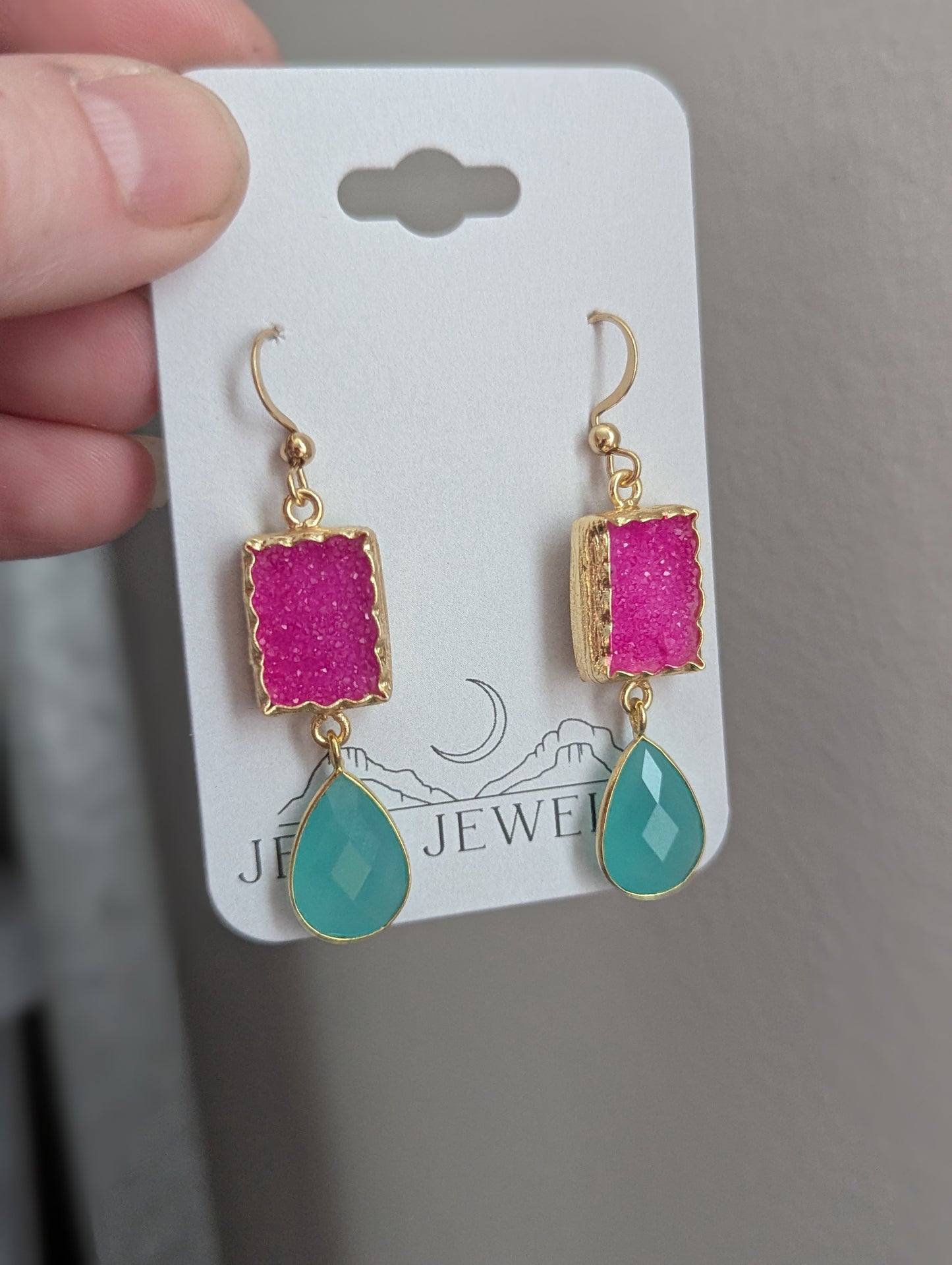 Hot Pink Druzy and Aqua Chalcedony Gold Earrings