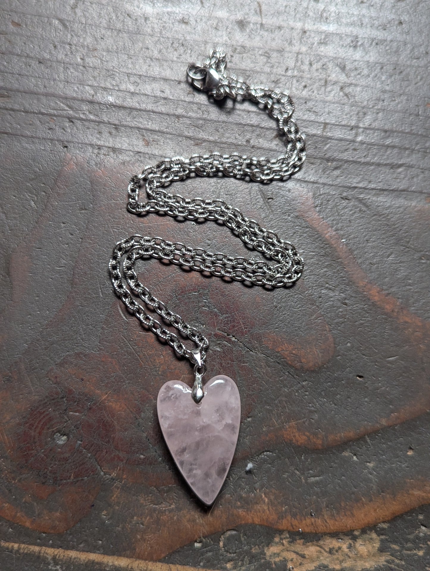 Rose Quartz Heart Pendant (Silver or Gold) Stainless