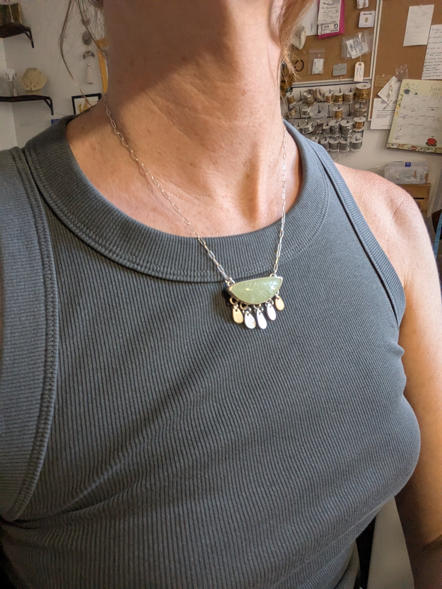 Carved Leaf Light Green Prehnite Fringe Sterling Silver Necklace