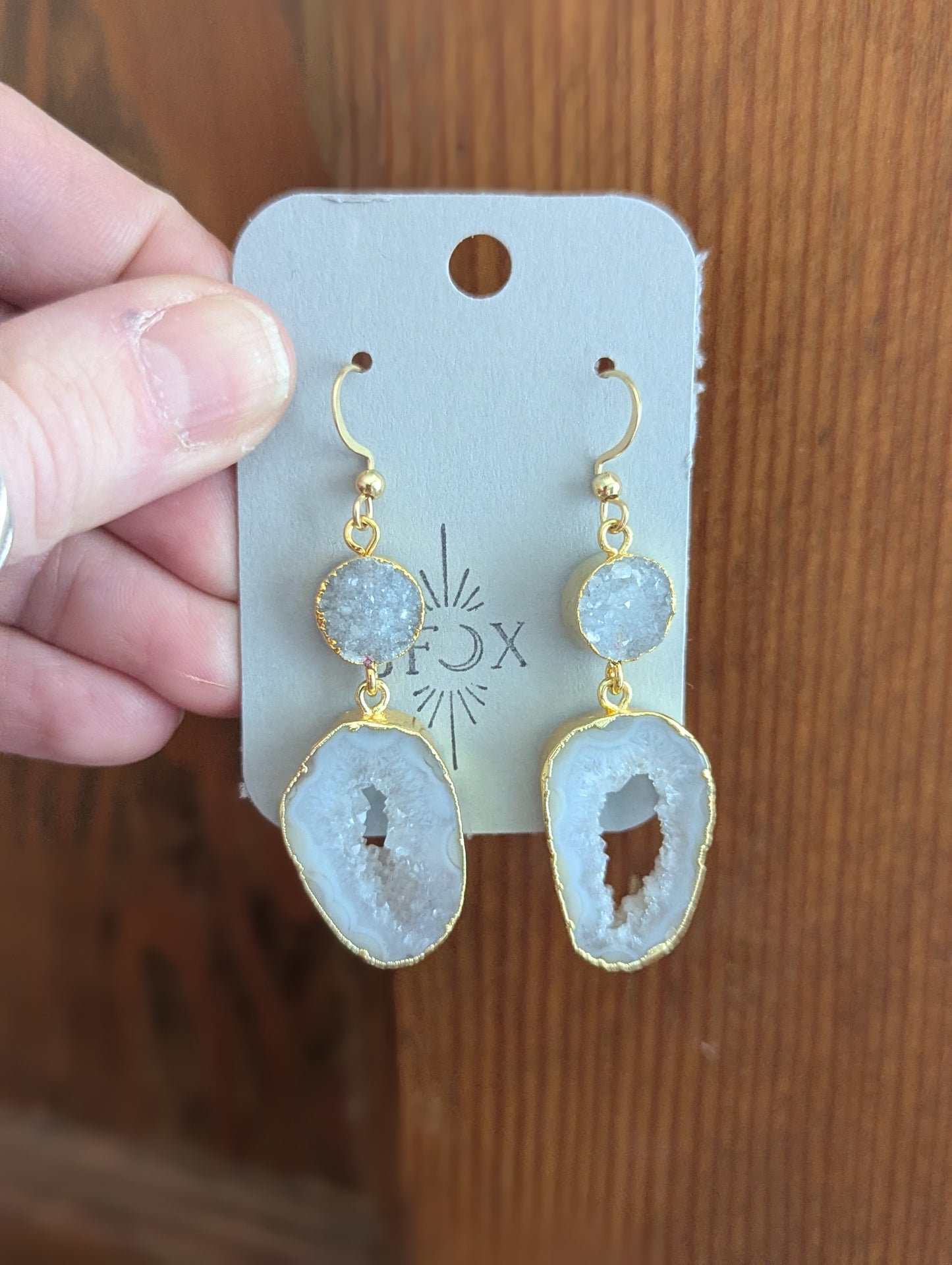 White Druzy and Agate Gold Earrings