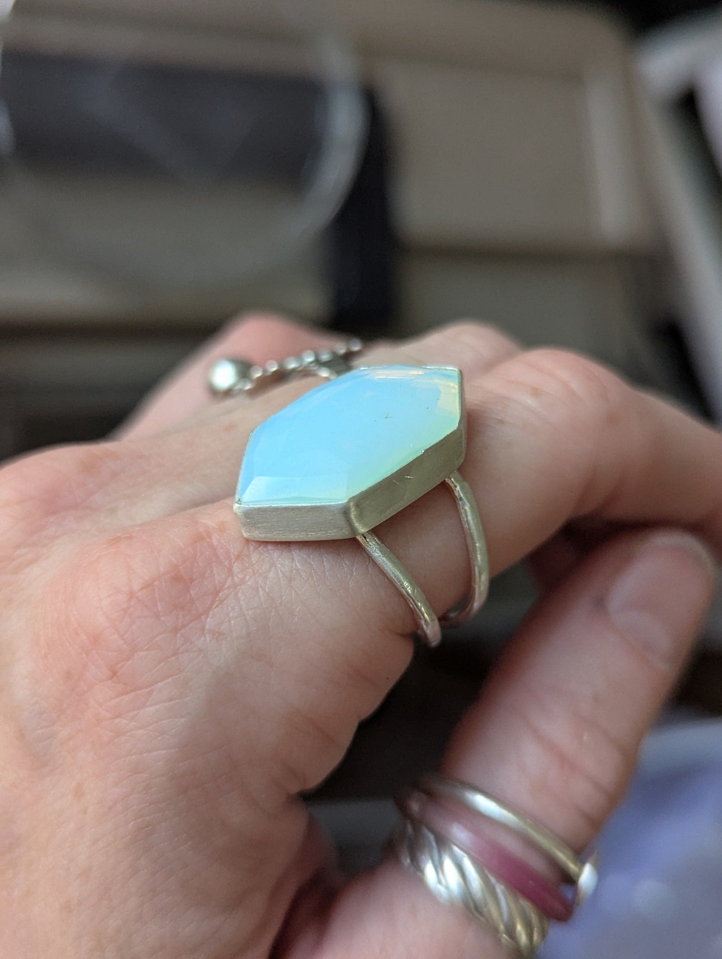 Opalite Diamond Silver Ring - Size 9