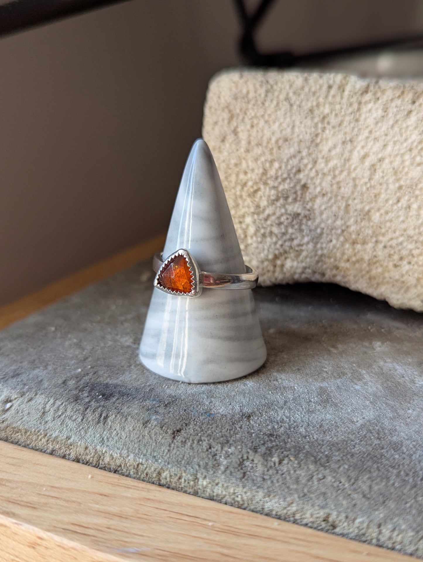 Faceted Orange Kyanite Trillion Silver Ring - Size 7 + 11