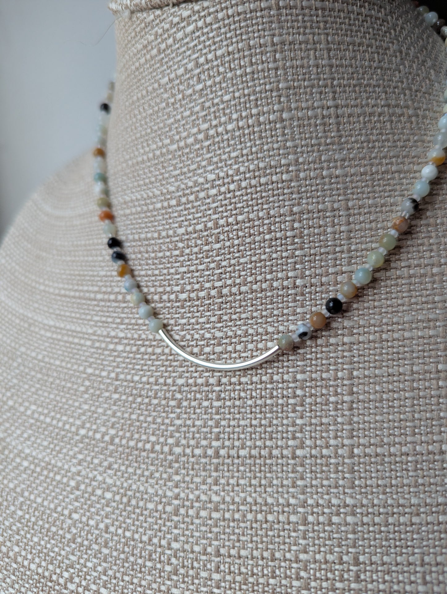 Amazonite Curved Bar Beaded Necklace (silver or gold)