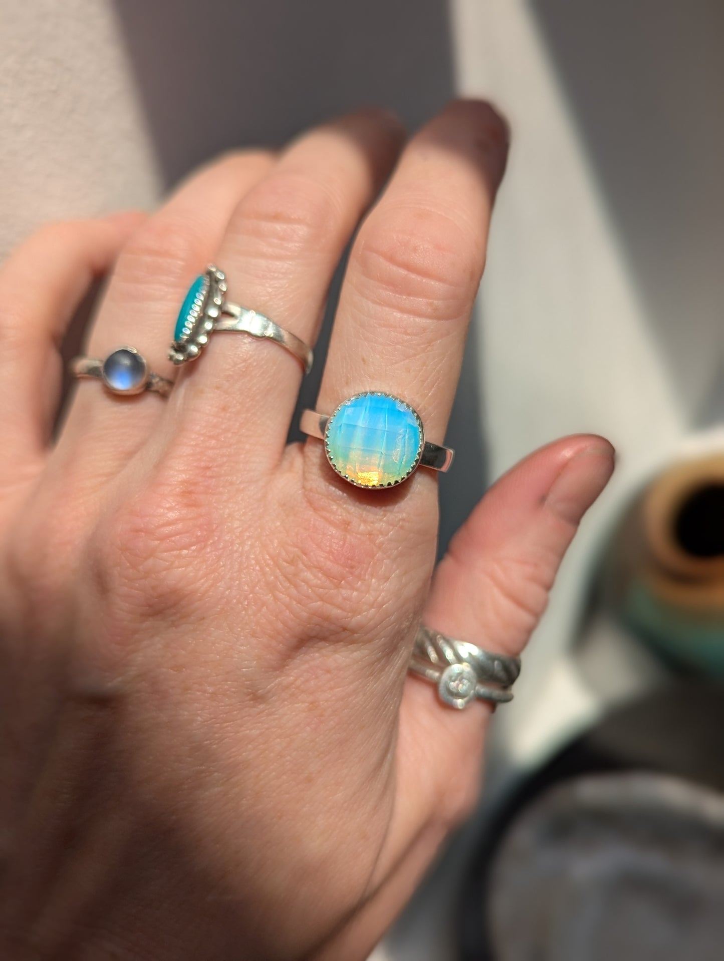 Faceted Opalite Round Silver Ring - Size 8