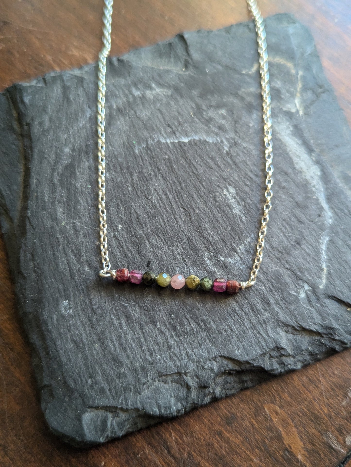 Ruby and Tourmaline Sterling Silver Bar Necklace