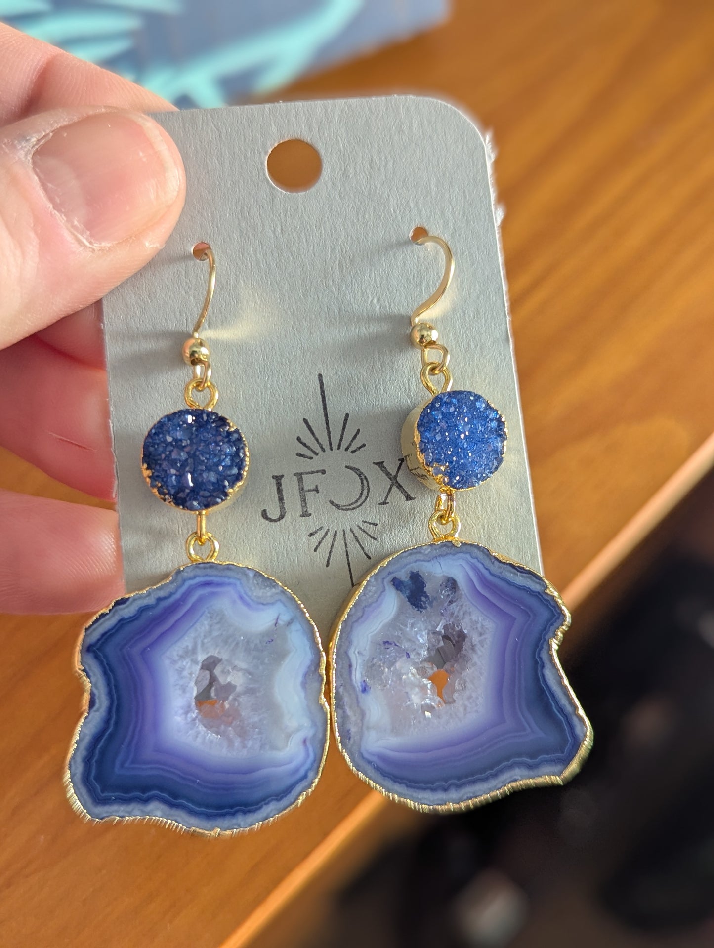 Blue Druzy and Agate Gold Earrings