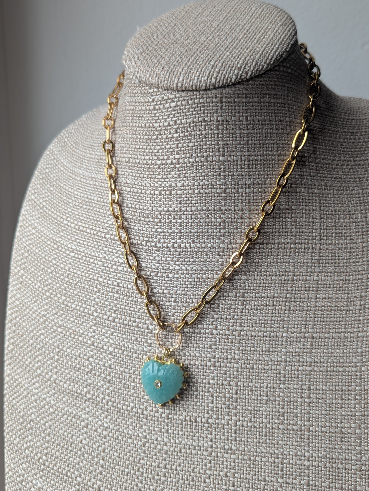 Carved Amazonite Large Heart Chunky Gold Necklace