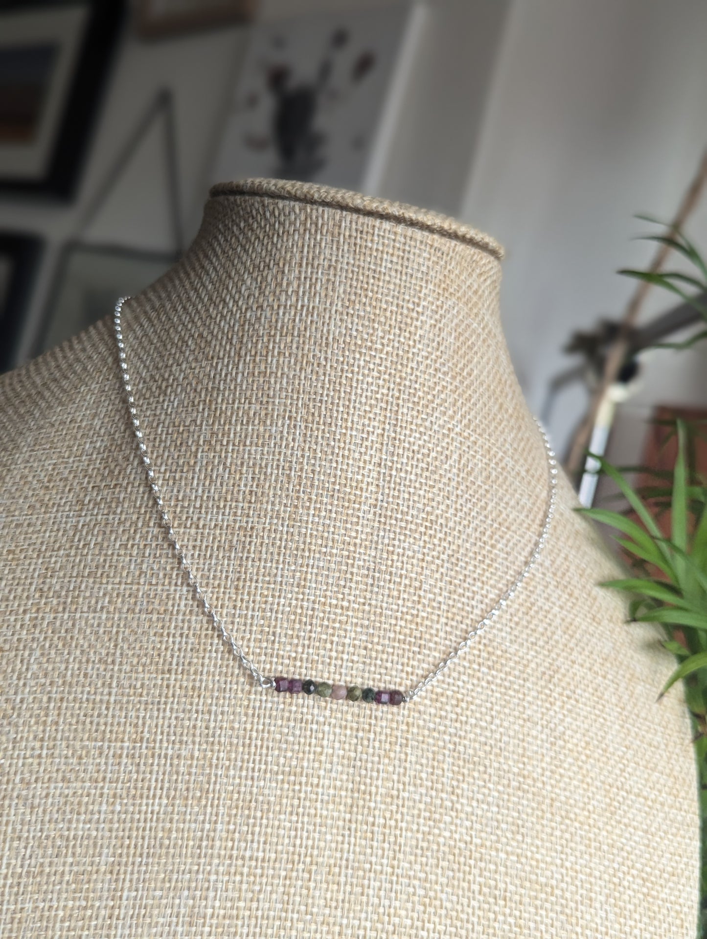 Ruby and Tourmaline Sterling Silver Bar Necklace