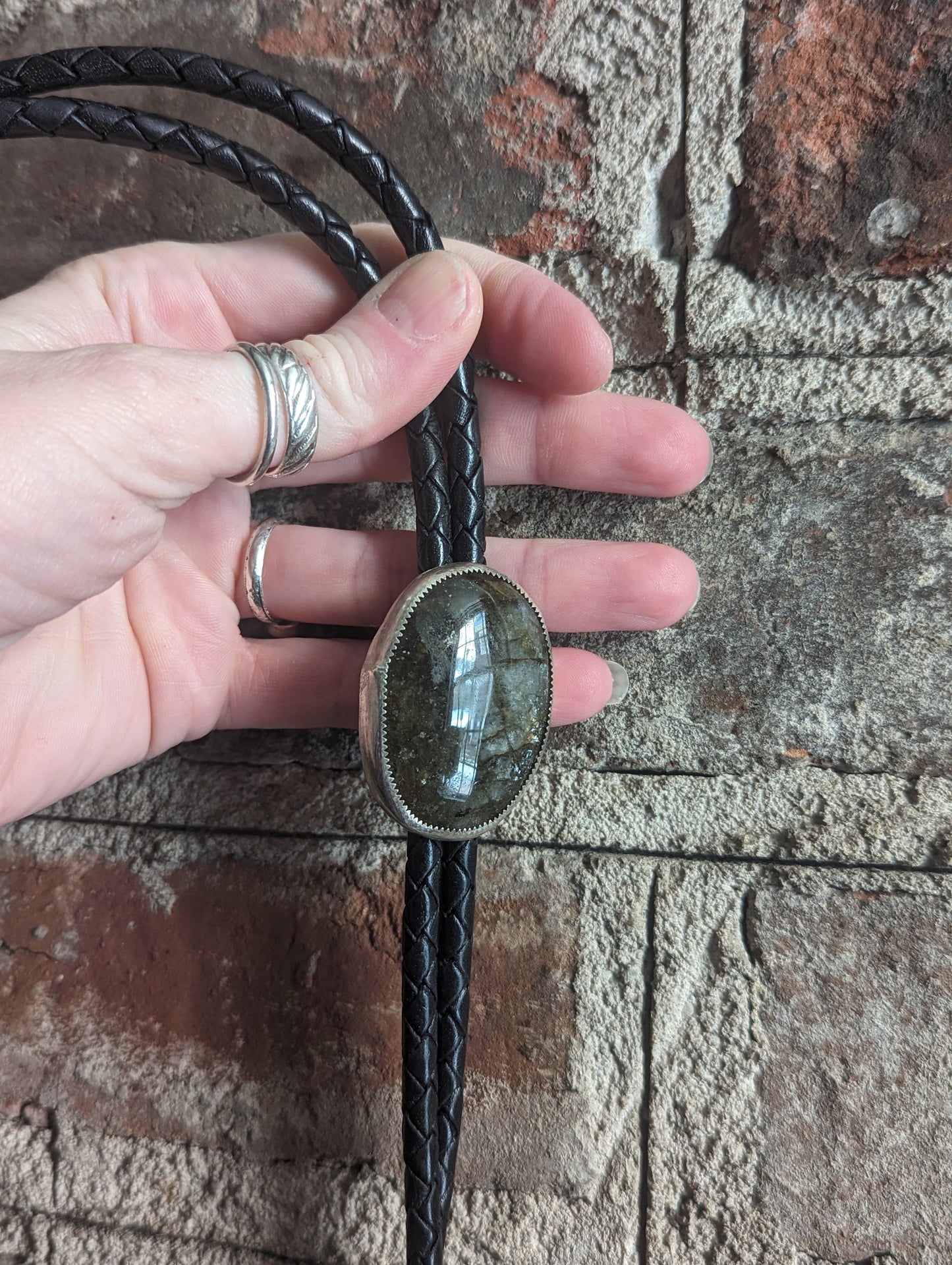 Large Labradorite Black Leather Bolo Tie (discounted)