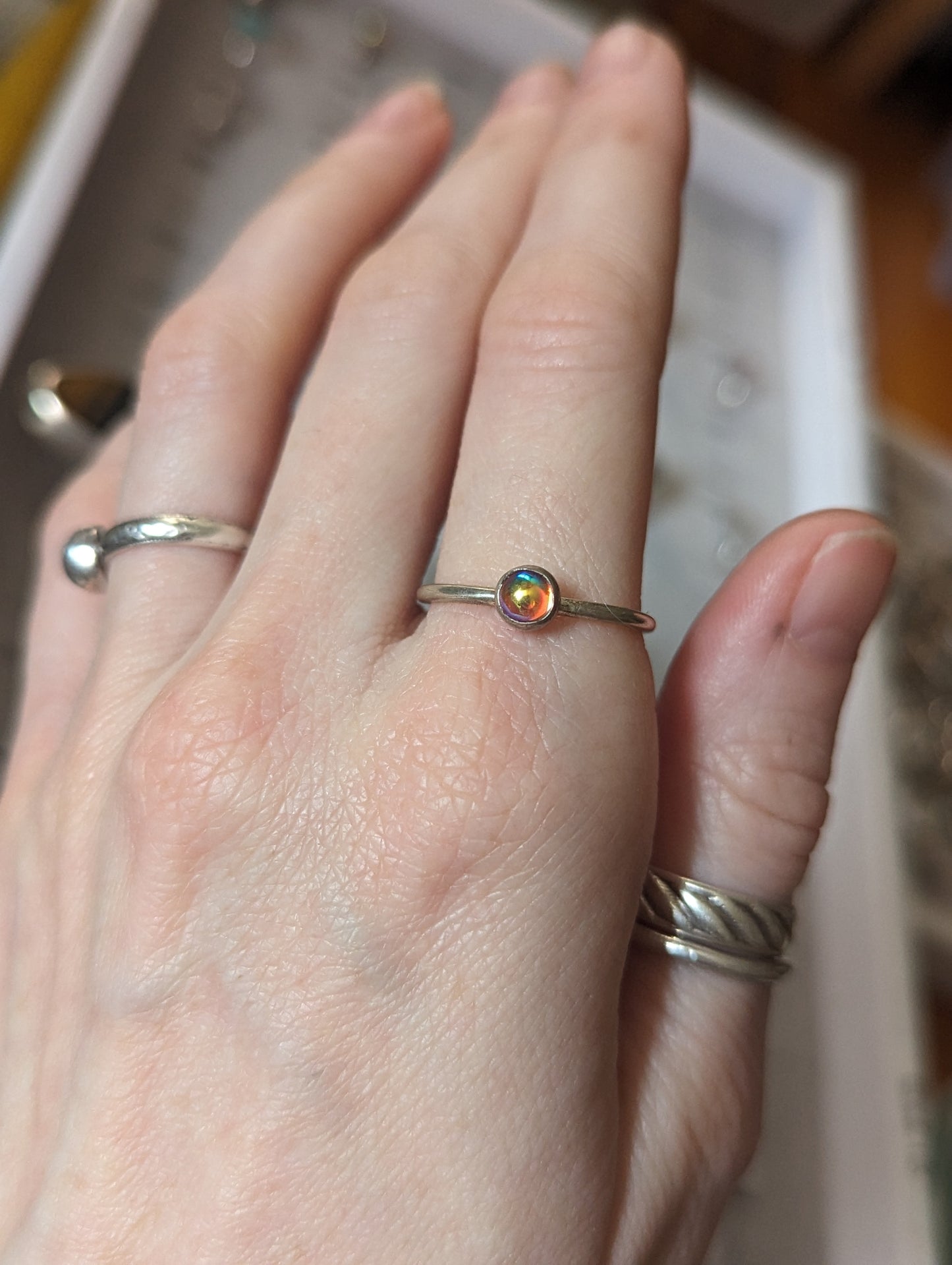 Vintage Rainbow Aura Glass Silver Stacker Rings (various sizes available) MTO