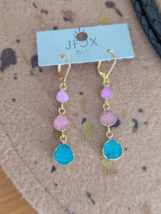 Pink, Blue, Red Druzy Trio Gold Hoop Earrings