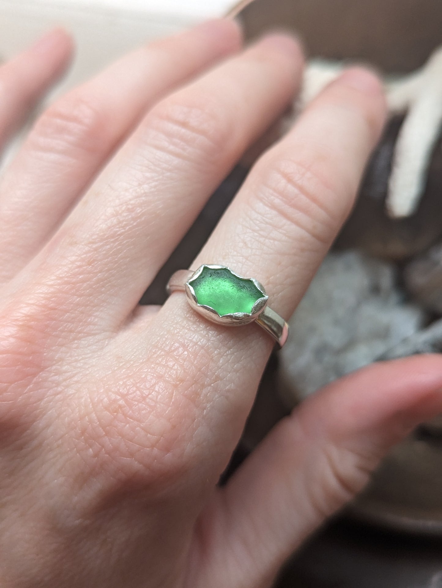 Green Seaglass Ring - Size 7.5 and 8.5