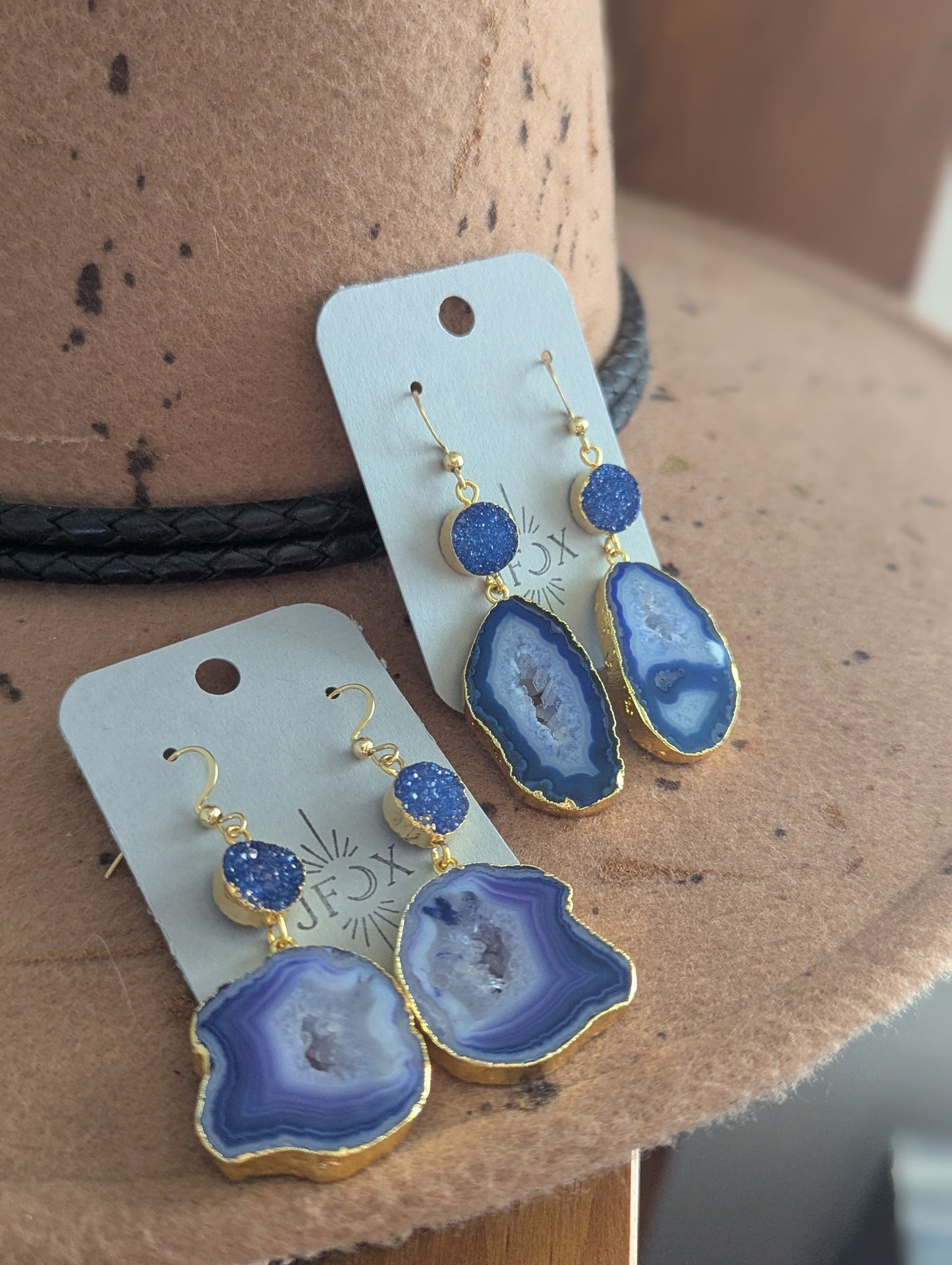 Blue Druzy and Agate Gold Earrings