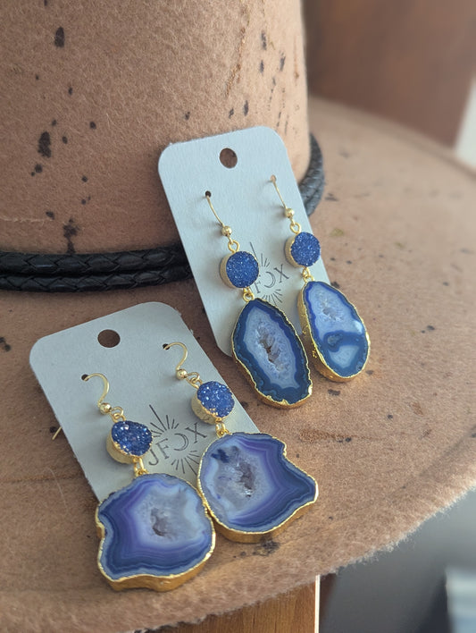 Blue Druzy and Agate Gold Earrings