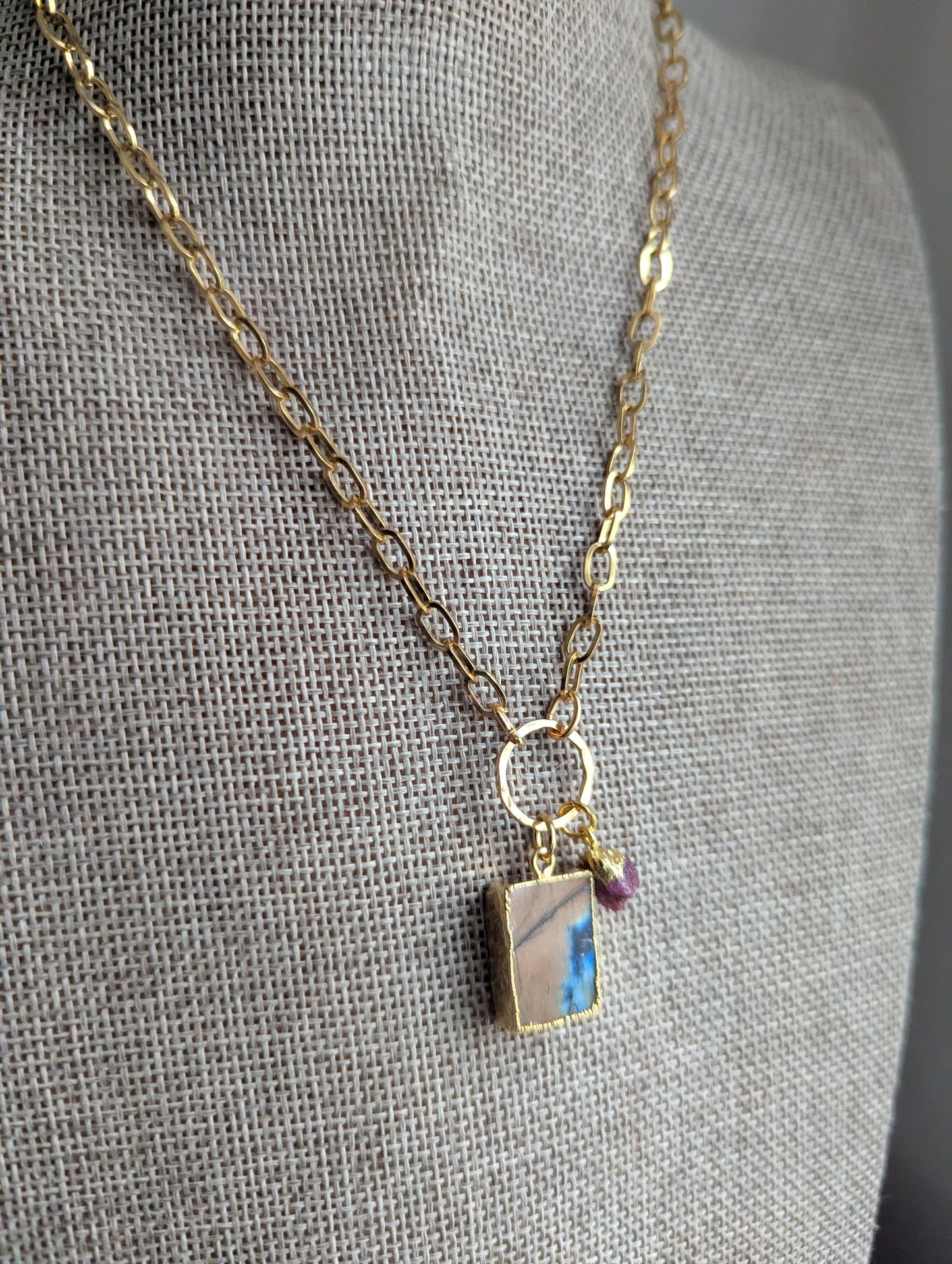 Labradorite and Pink Tourmaline Gold Necklace