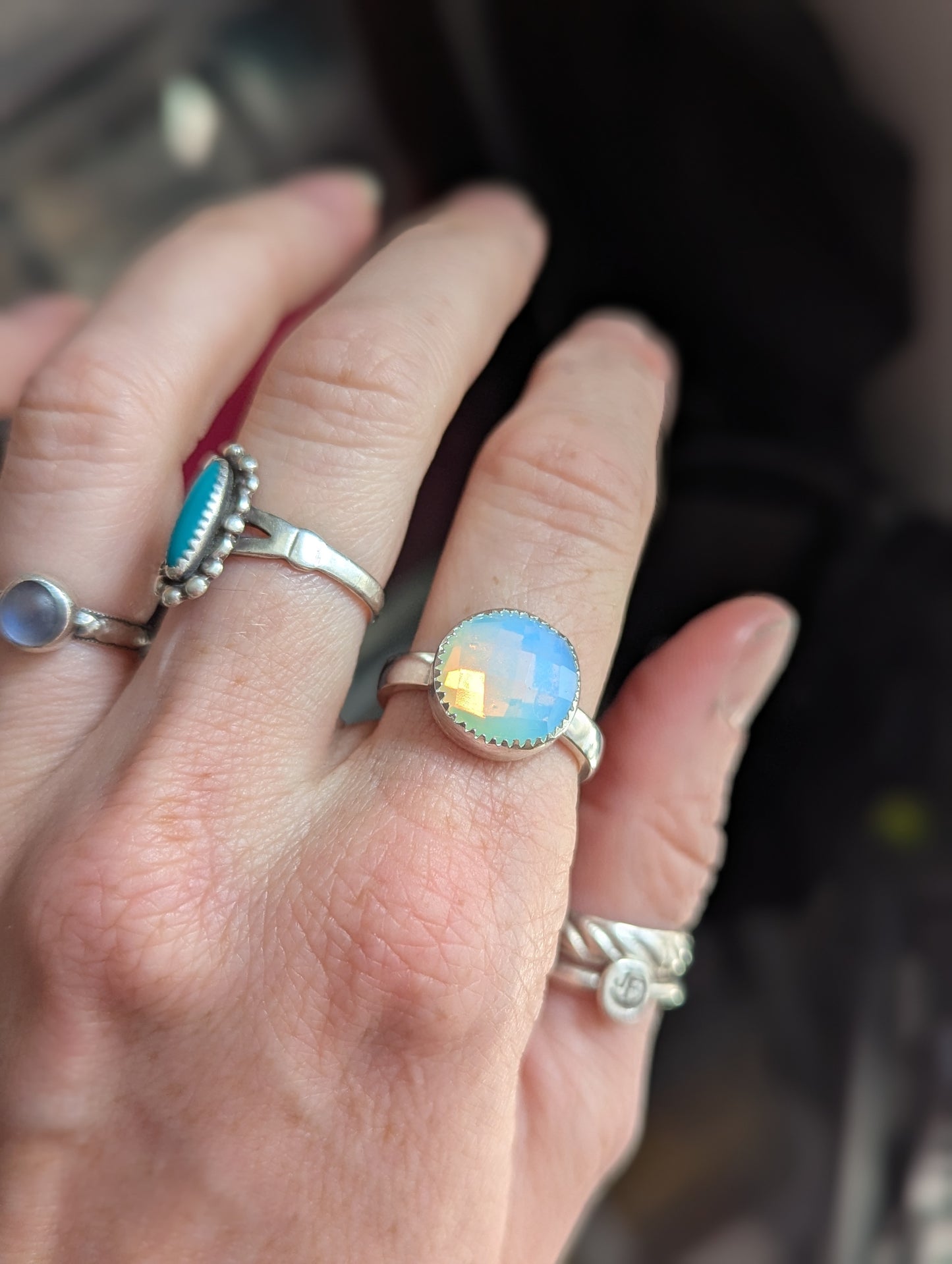 Faceted Opalite Round Silver Ring - Size 8