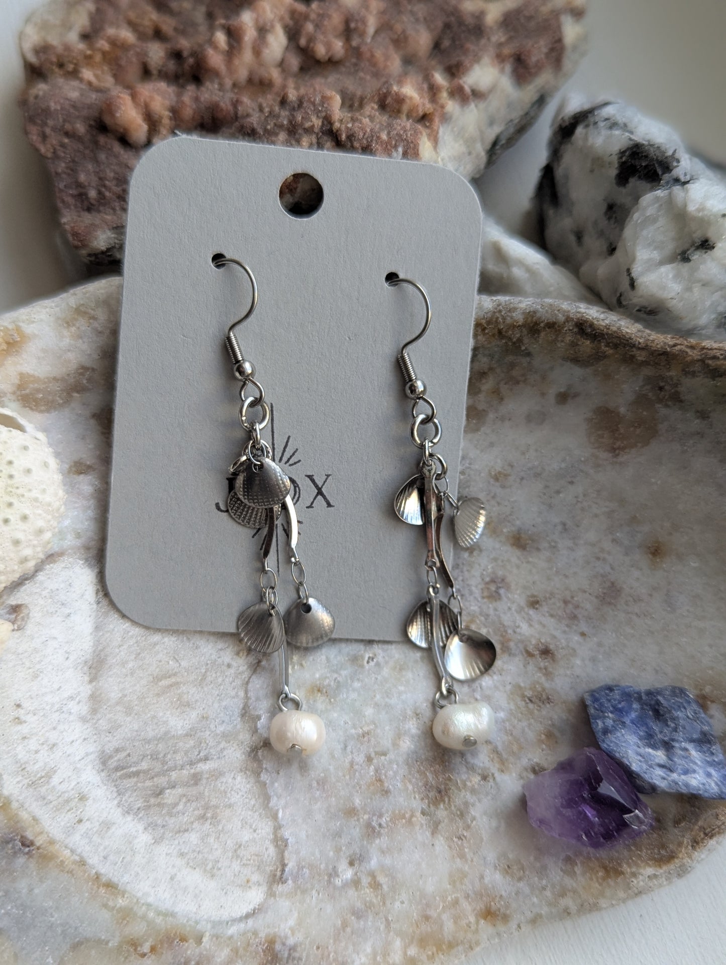 Dangly Silver Shell and Freshwater Pearl Earrings