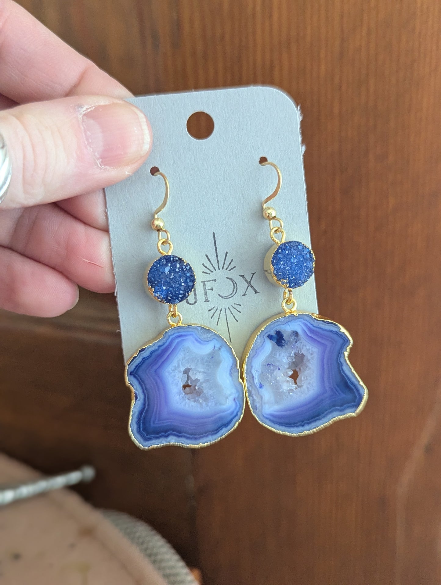 Blue Druzy and Agate Gold Earrings