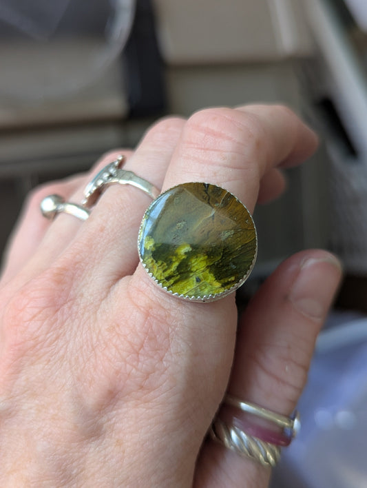 Green Opal Large Round Silver Ring - Size 8