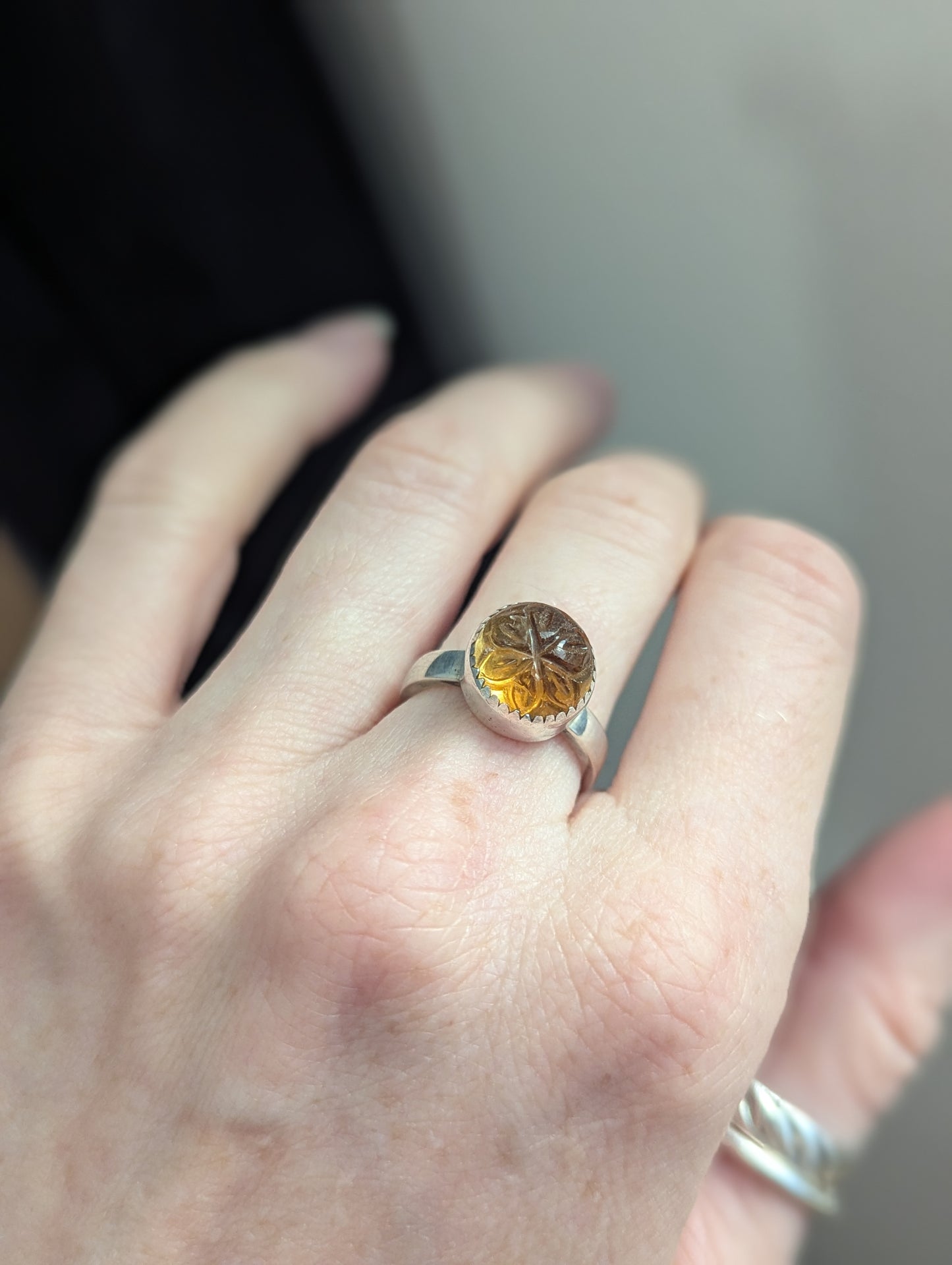 Citrine Carved Floral Silver Ring - Size 5.5