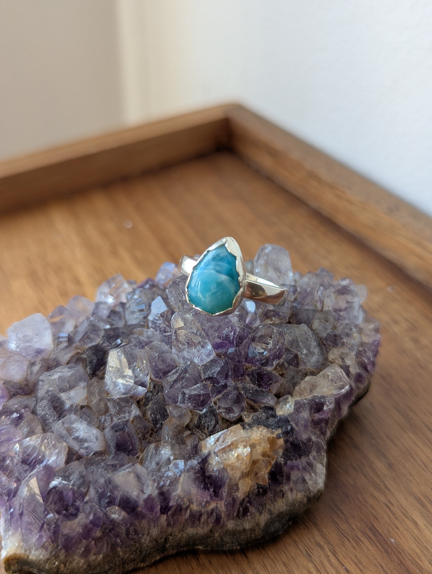 Larimar Tear Drop Sterling Silver Ring - Size 8.5