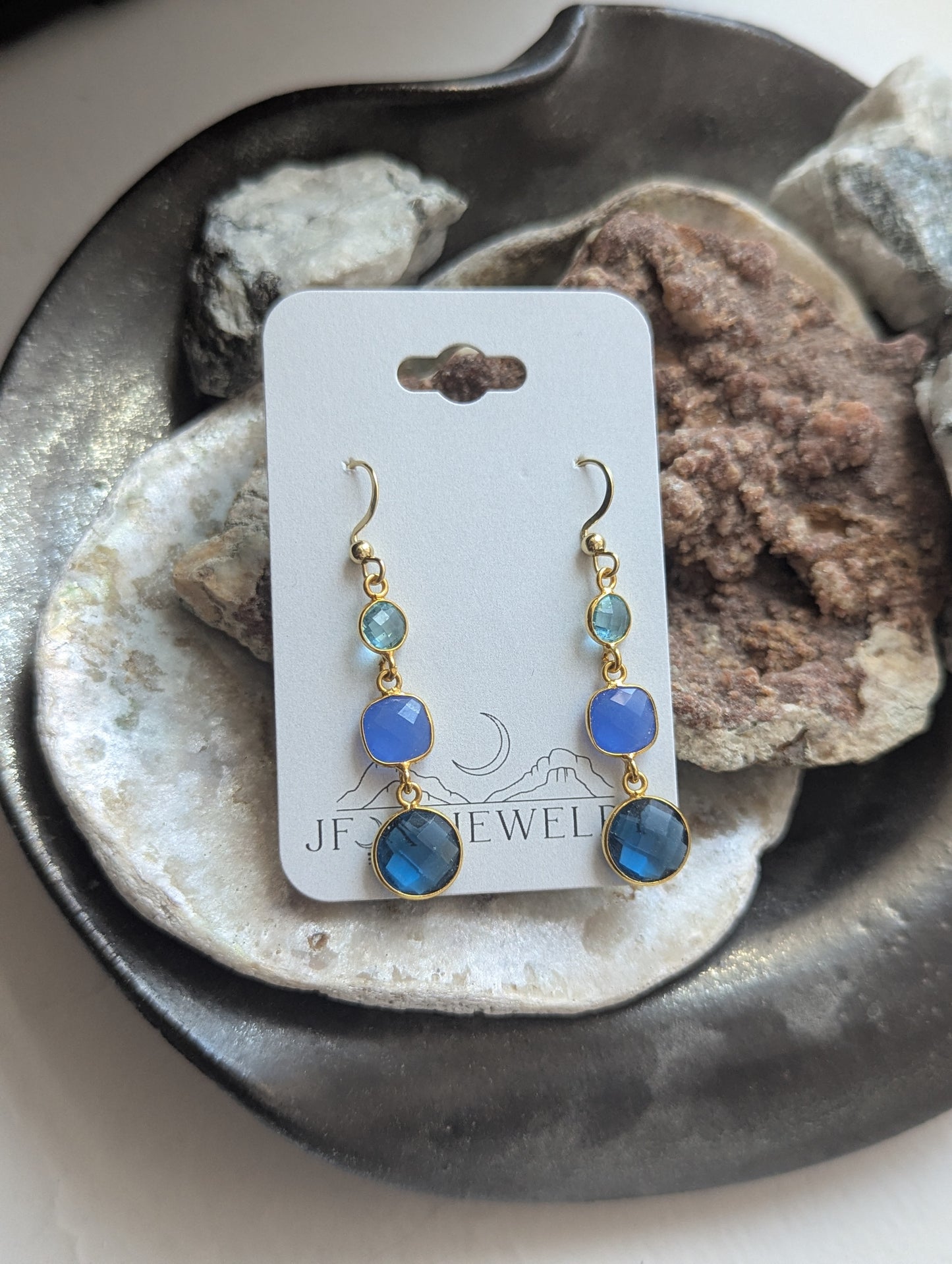 Gradient Blue Crystal Trio Gold Earrings