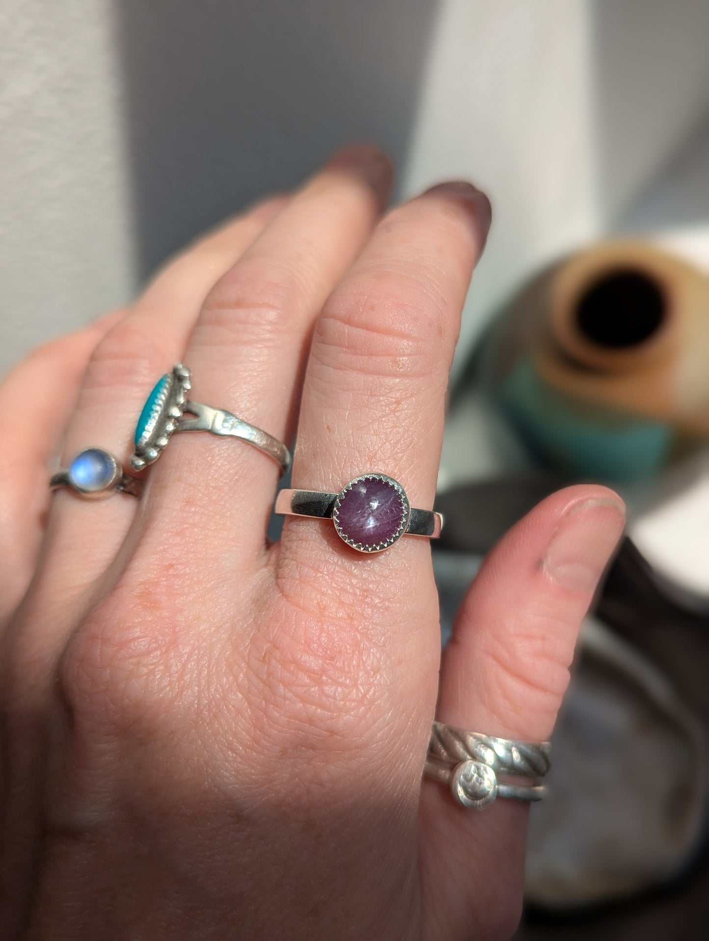 Ruby Star Sapphire Round Sterling Silver Ring - Size 7.5