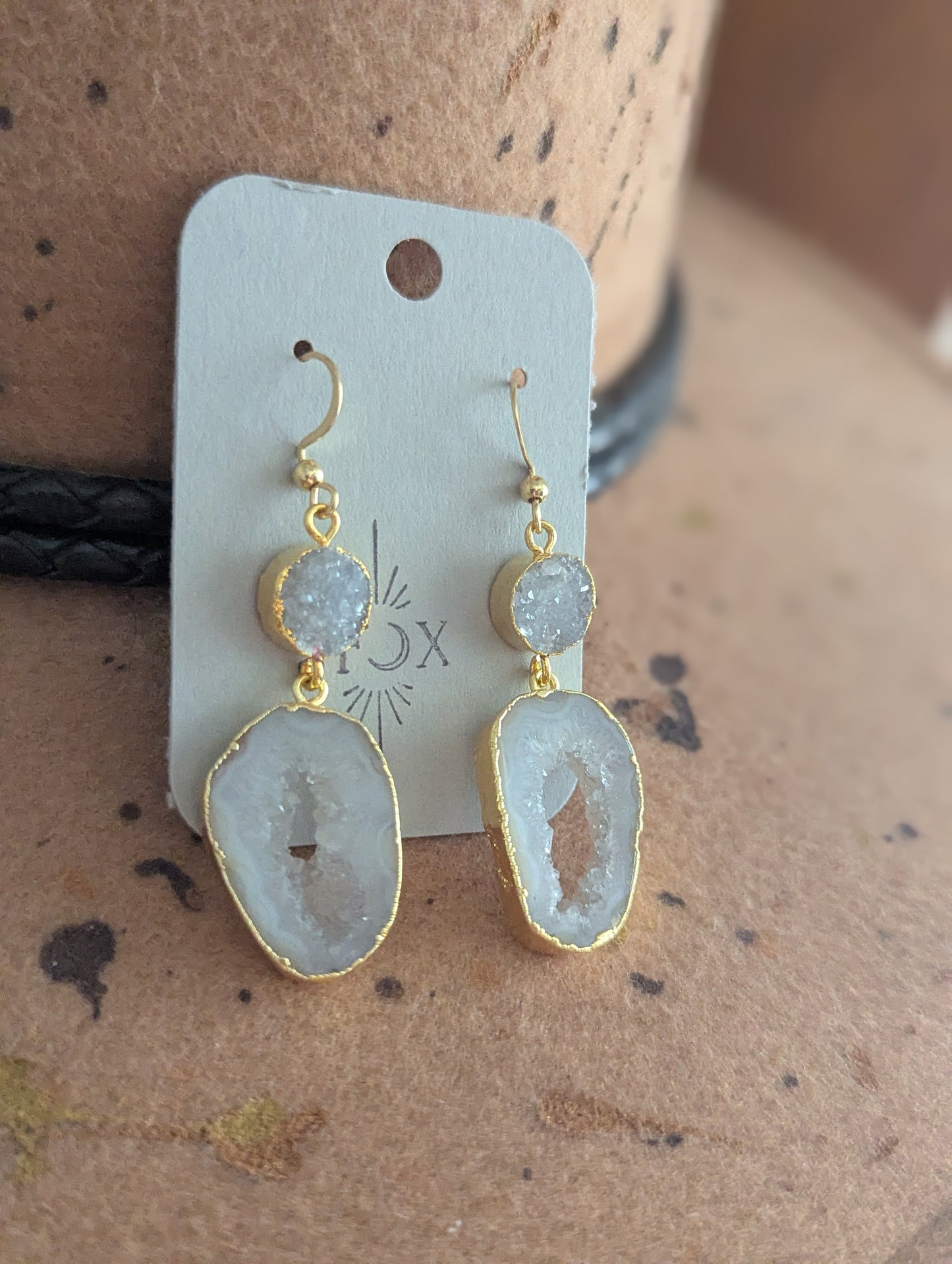 White Druzy and Agate Gold Earrings