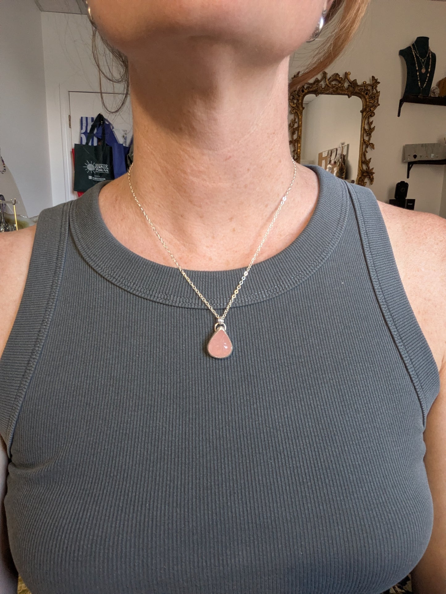 Carved Floral Rose Quartz Tear Drop Sterling Silver Necklace