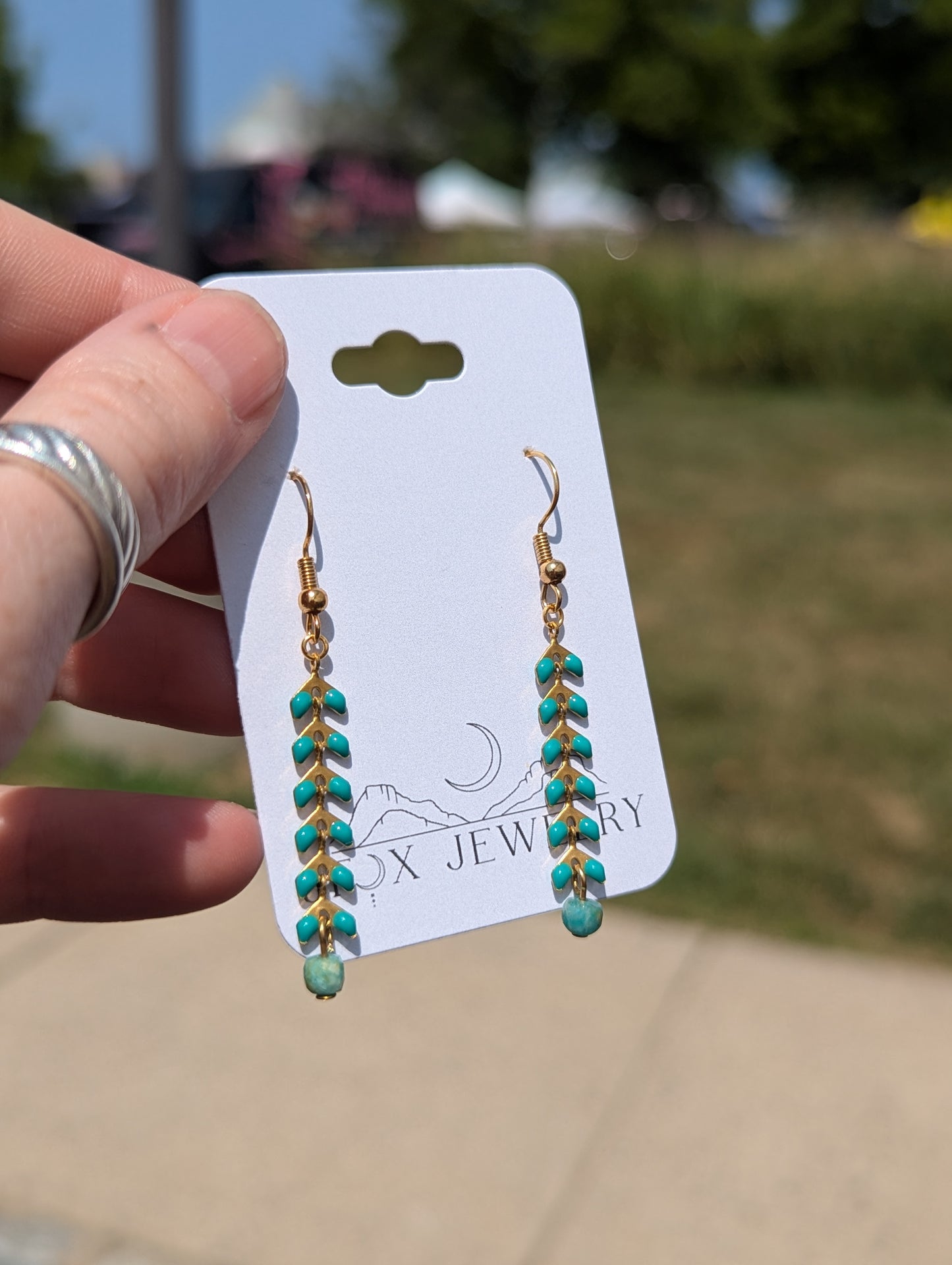 Turquoise Enamel Gold Chevron Earrings