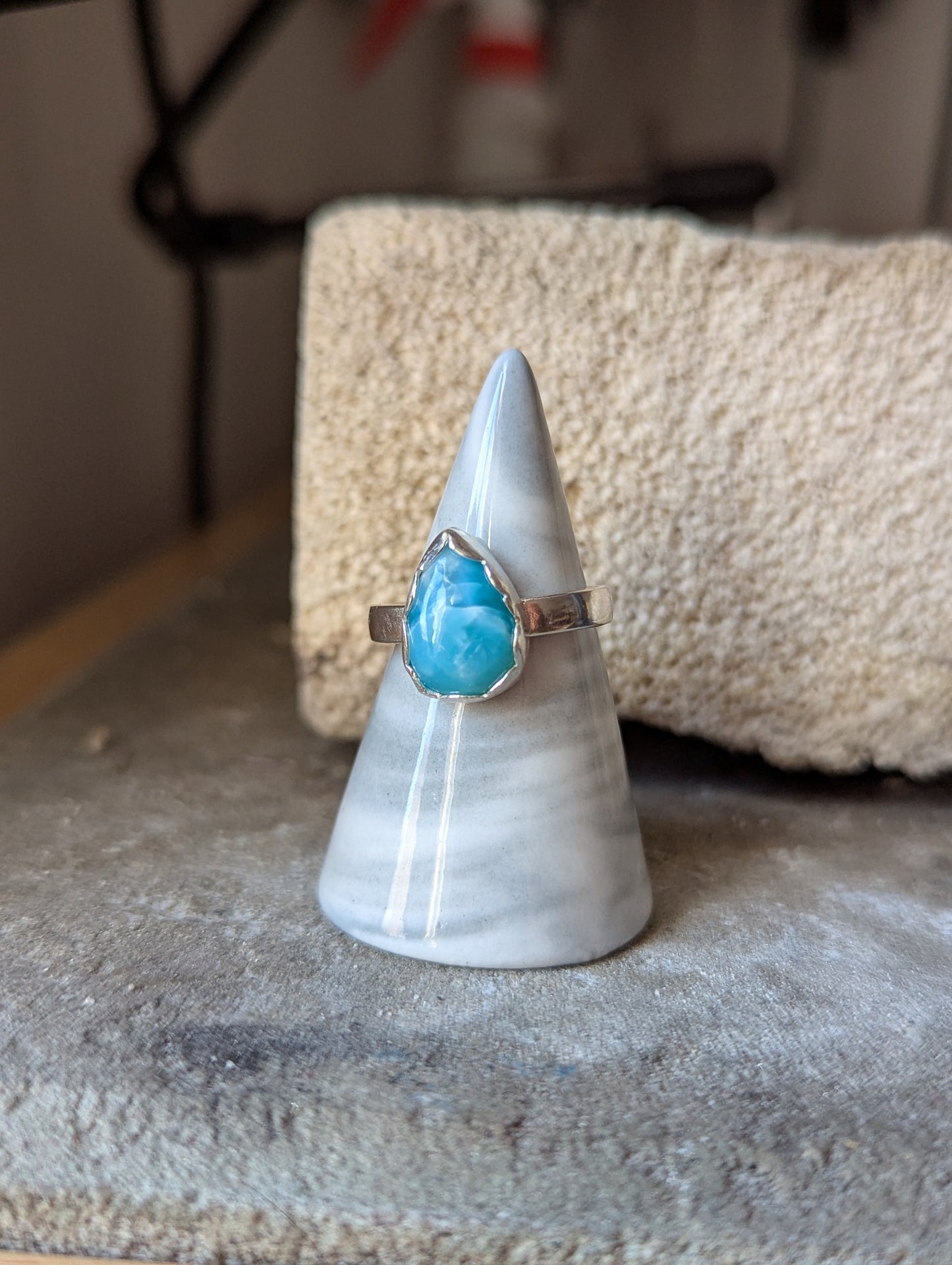 Larimar Tear Drop Sterling Silver Ring - Size 8.5