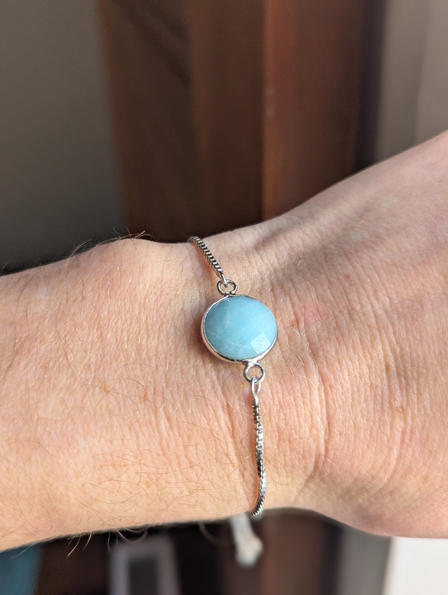 Faceted Round Amazonite Silver Slider Bracelet