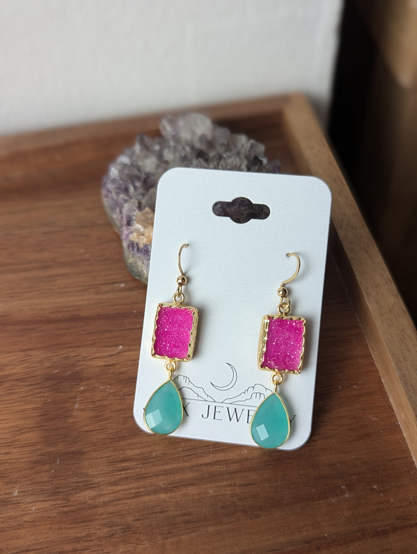 Hot Pink Druzy and Aqua Chalcedony Gold Earrings