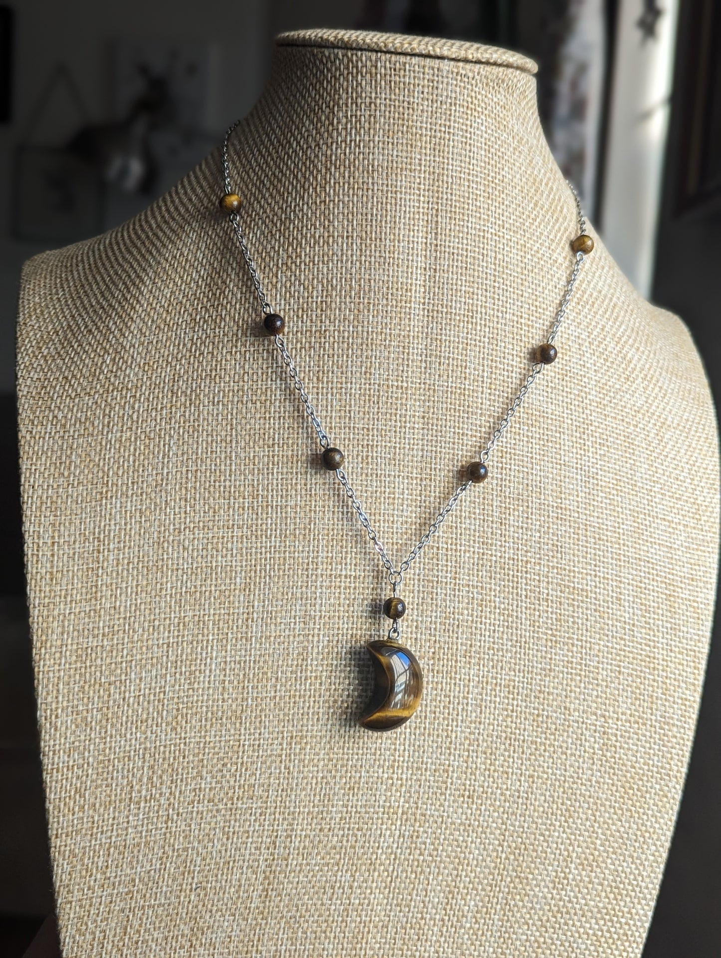 Tigers Eye Crescent Moon on Stainless Necklace