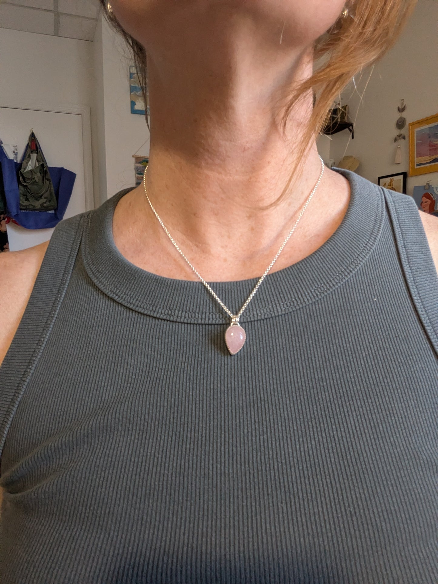 Carved Leafy Rose Quartz Sterling Silver Necklace