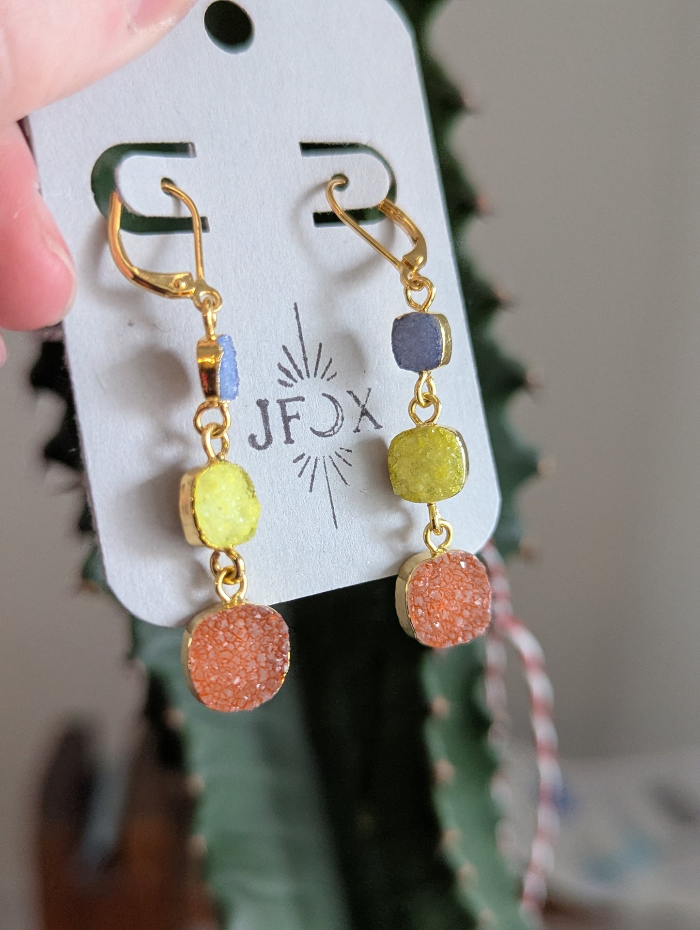 Yellow, Orange, Blue Druzy Trio Gold Hoop Earrlings