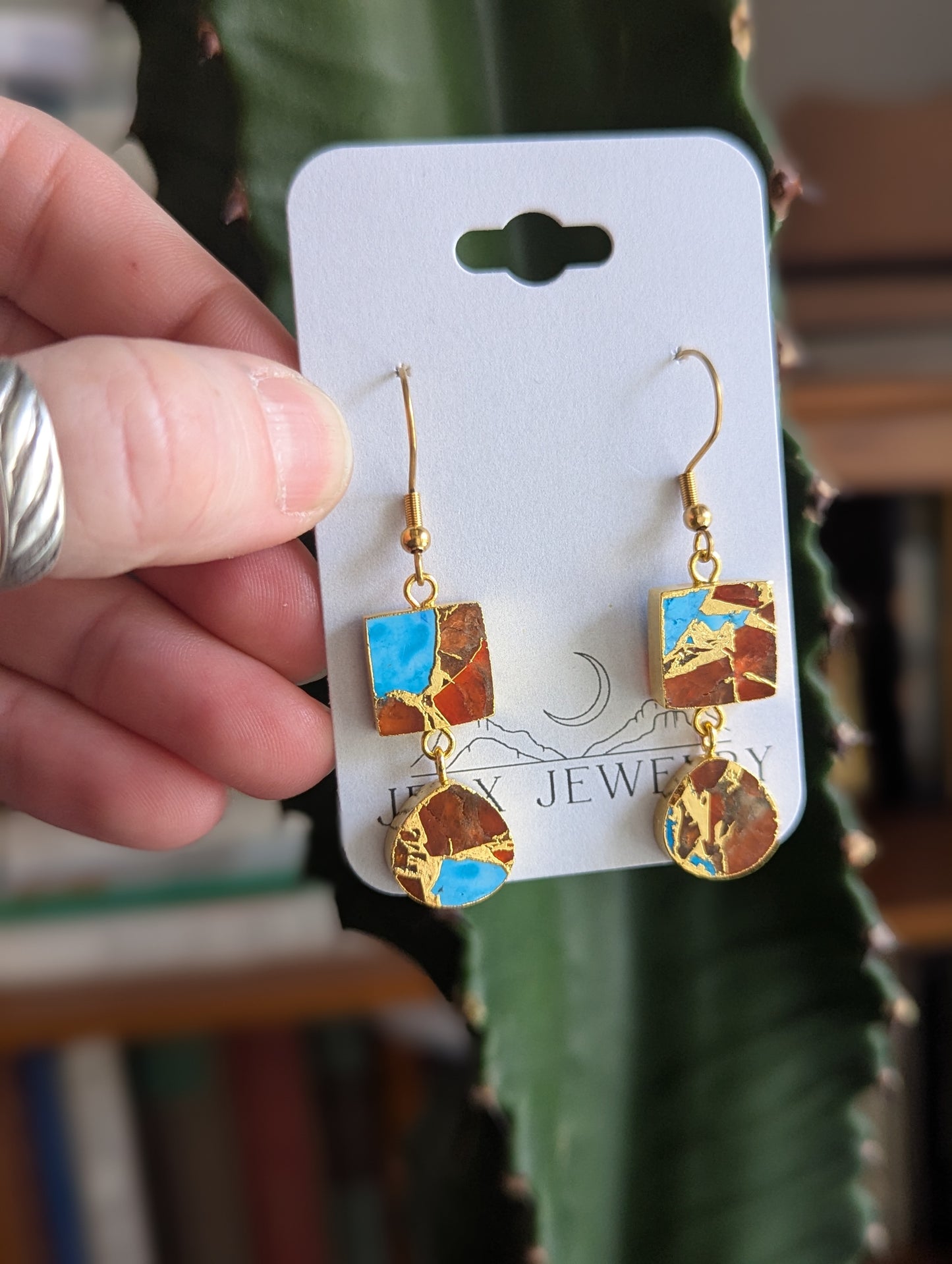 Orange and Turquoise Gold Mosaic Duo Earrings