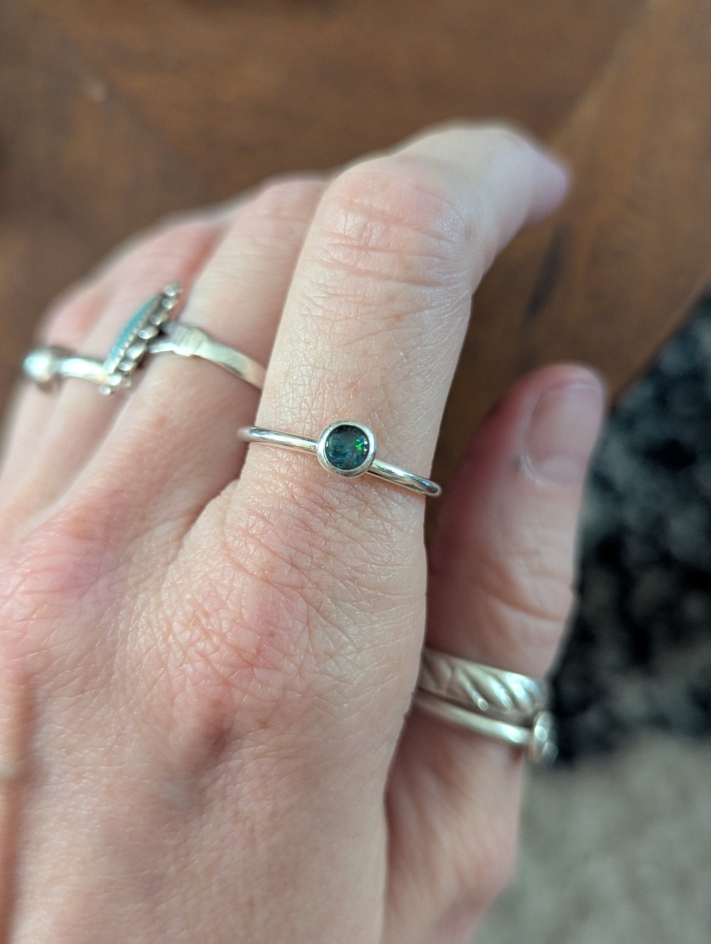 5mm Blue Green Opal Silver Stacker Ring (Ready to Ship) Size 8.5, 11