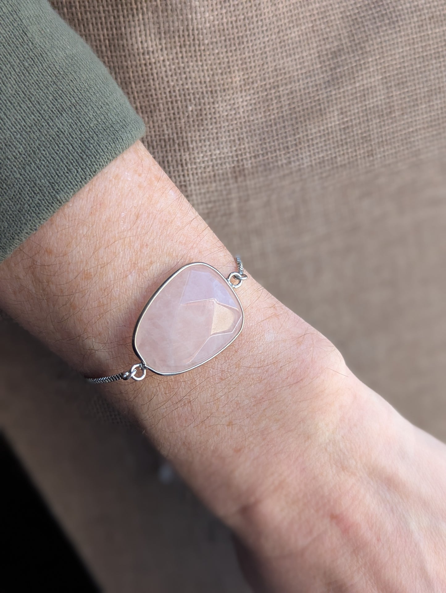 Large Faceted Rose Quartz Silver Slider Bracelet