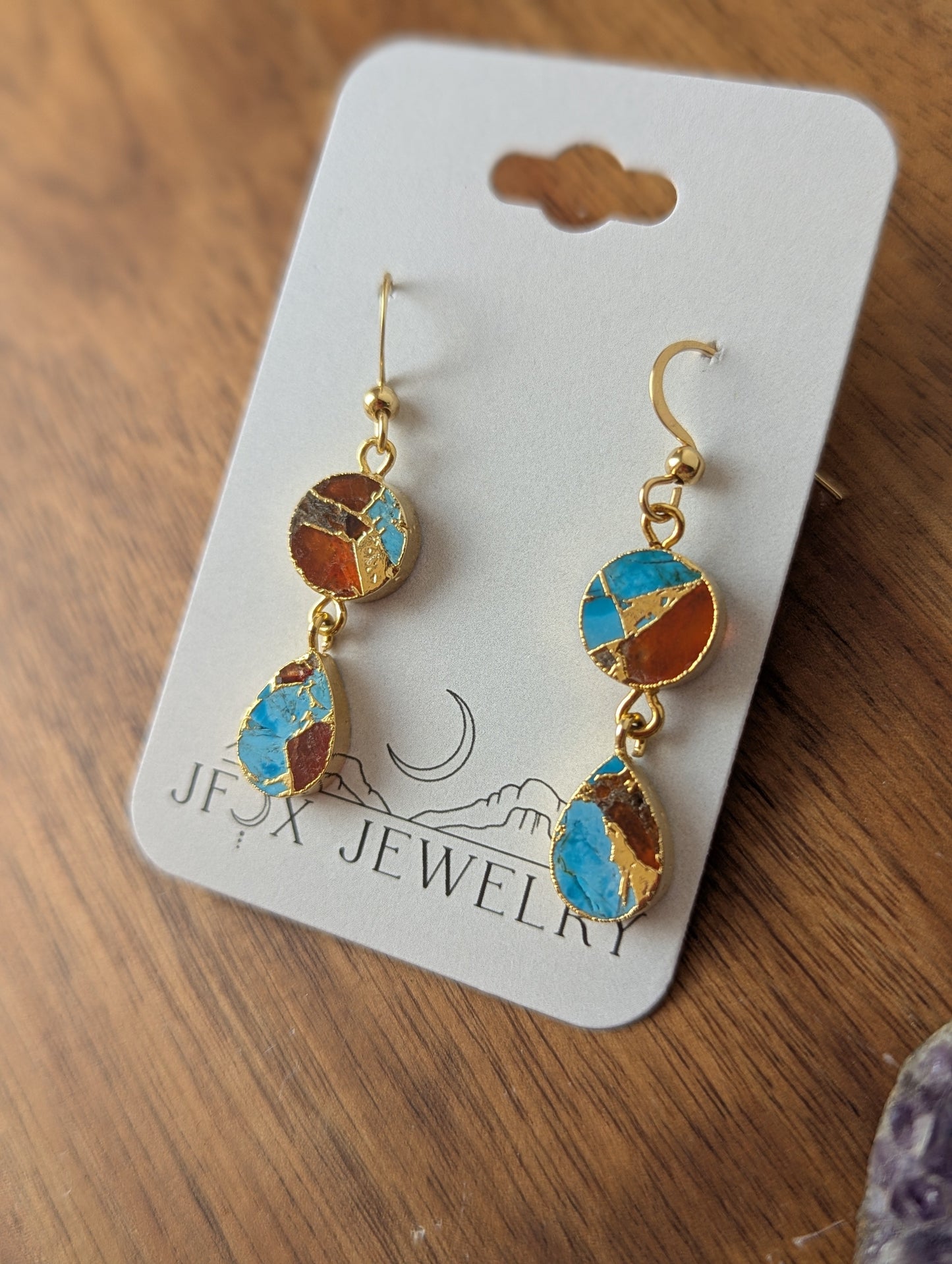 Orange and Turquoise Gold Mosaic Duo Earrings